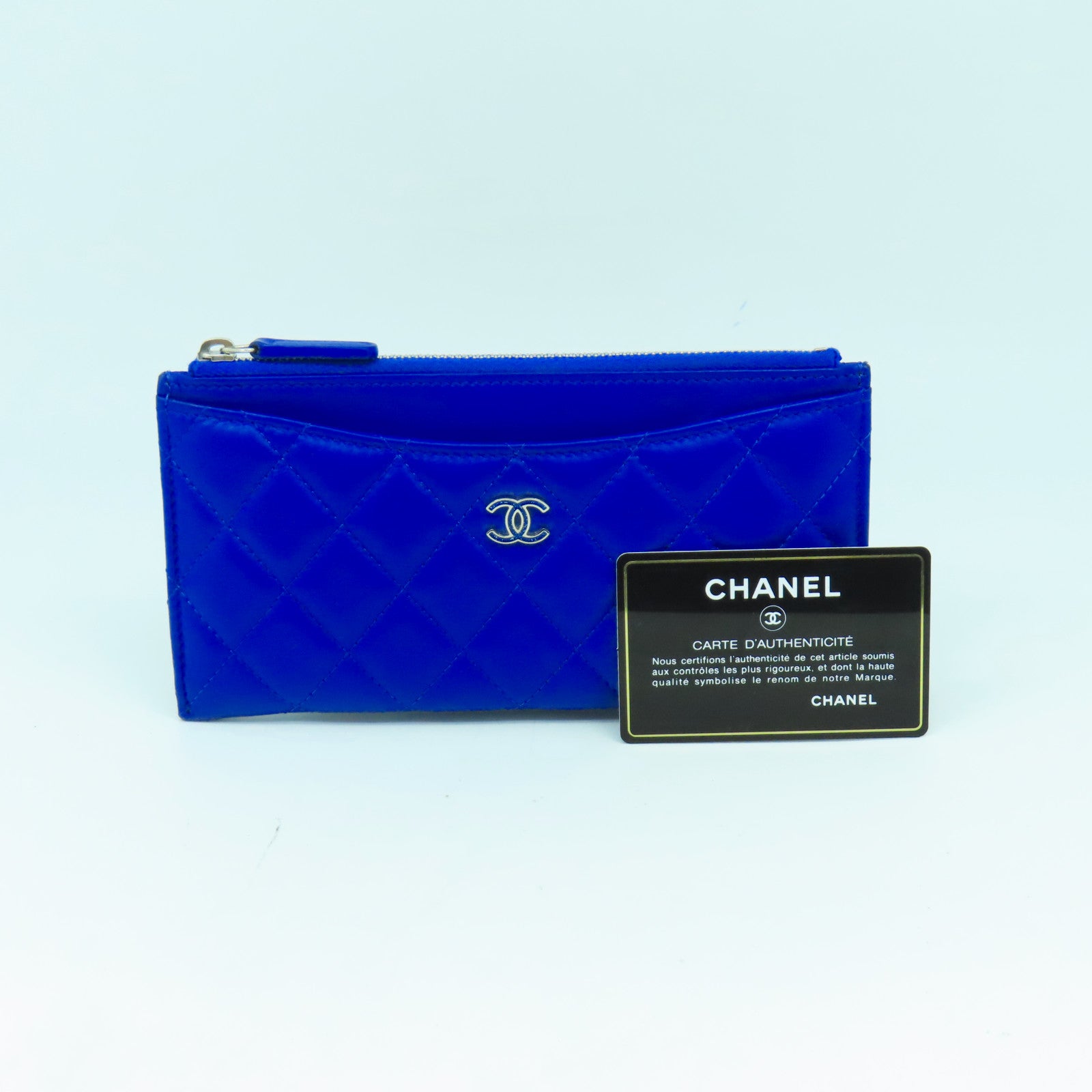 CHANEL 菱格羊皮皮革Zipper Long Wallet銀扣長錢包藍色