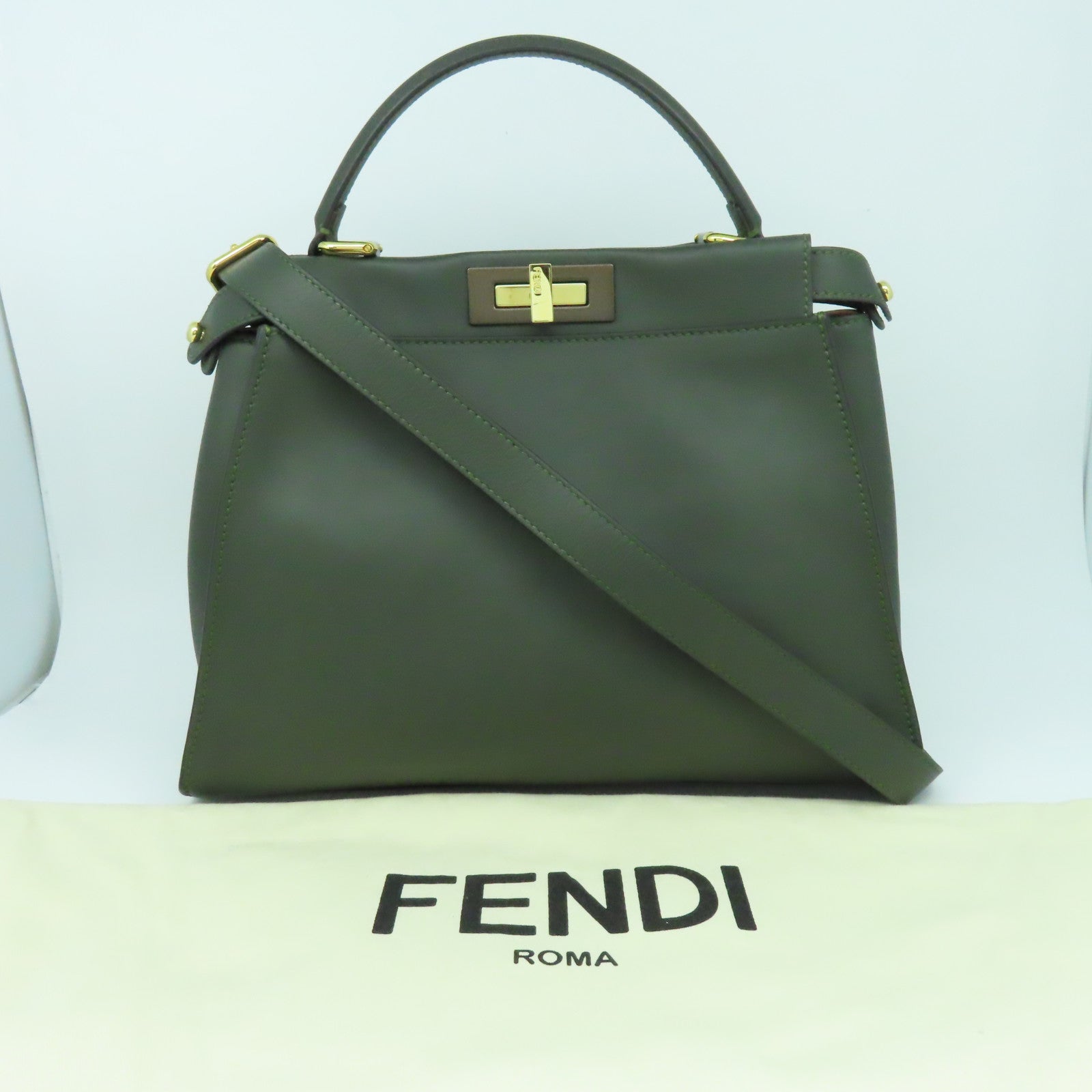 FENDI 皮革Peekboo金扣手挽肩背两用袋绿色
