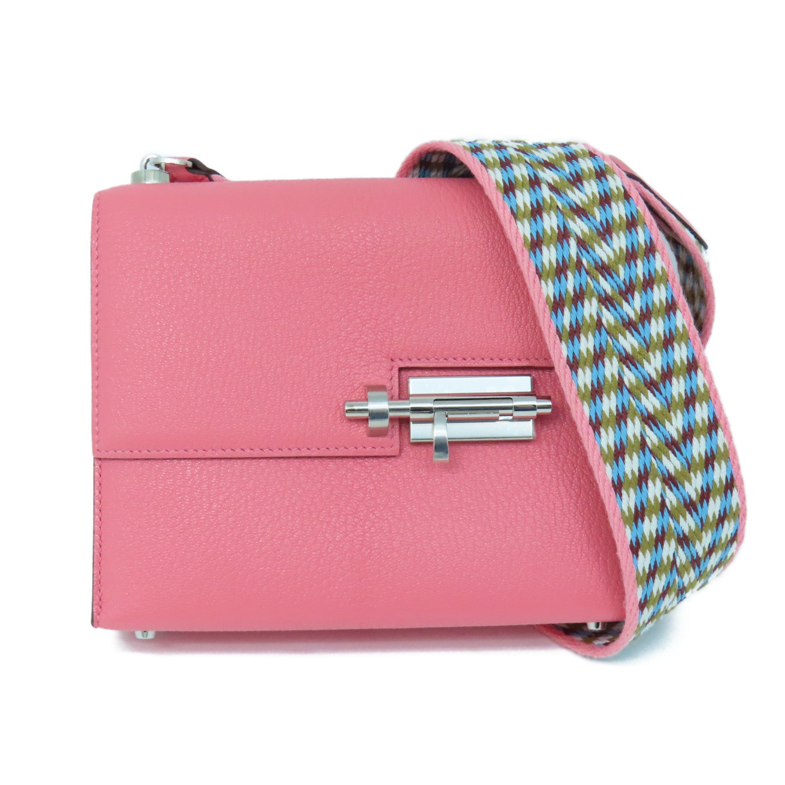 HERMES Chevre皮革Mini Verrou银扣肩背袋夏日玫瑰粉