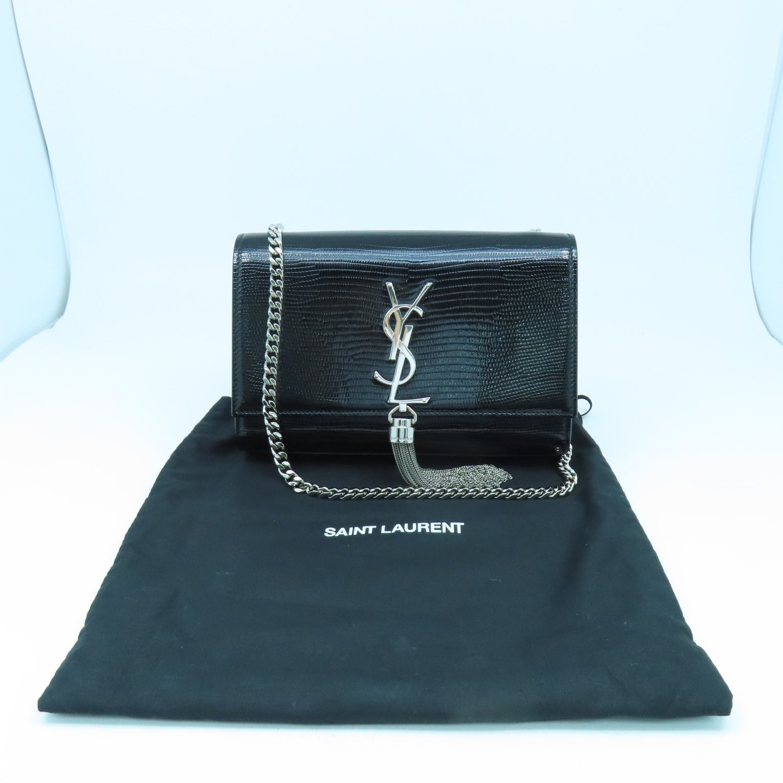 SAINT LAURENT 漆皮皮革Shoulder Bag銀扣鏈帶肩背袋黑色