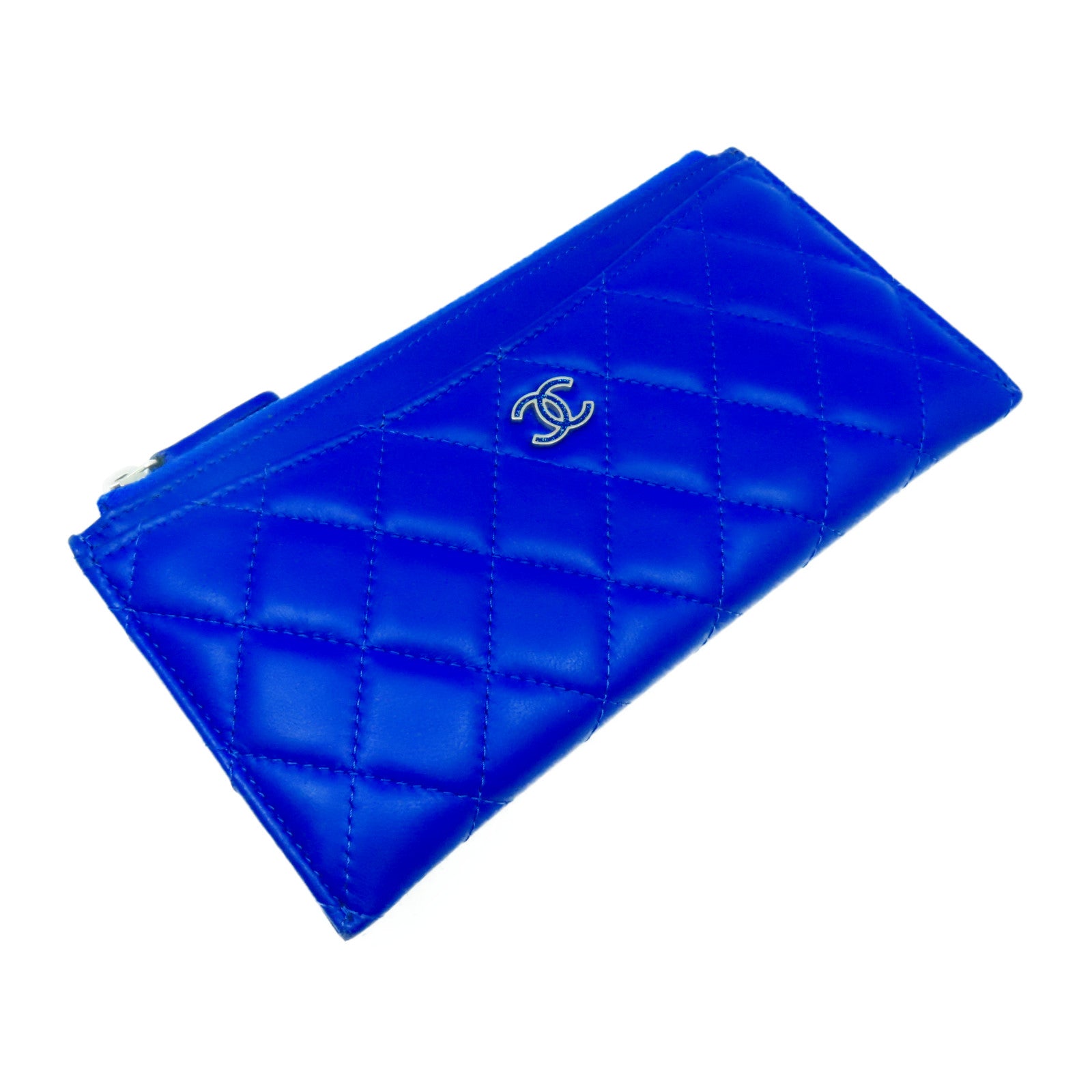 CHANEL 菱格羊皮皮革Zipper Long Wallet銀扣長錢包藍色