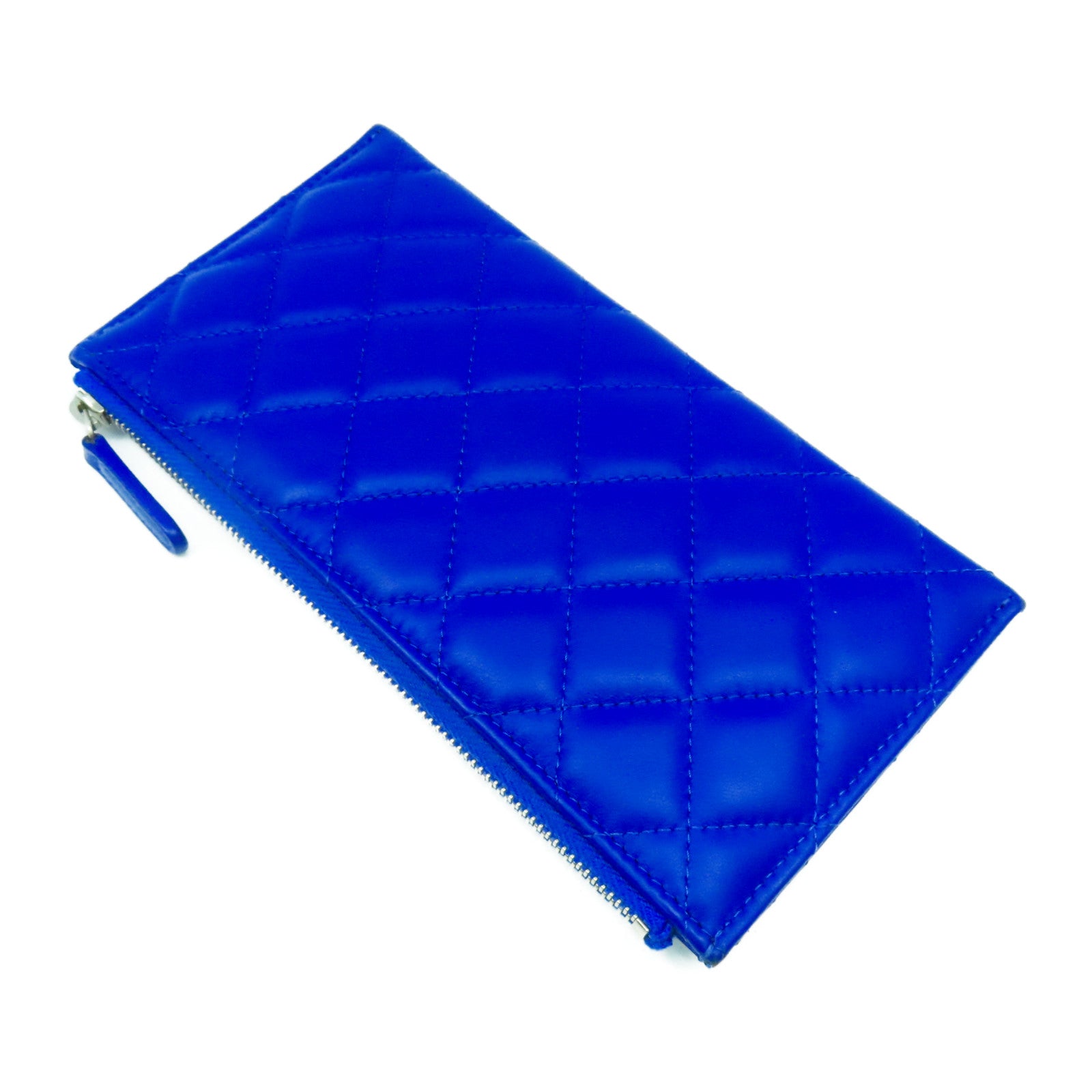 CHANEL 菱格羊皮皮革Zipper Long Wallet銀扣長錢包藍色