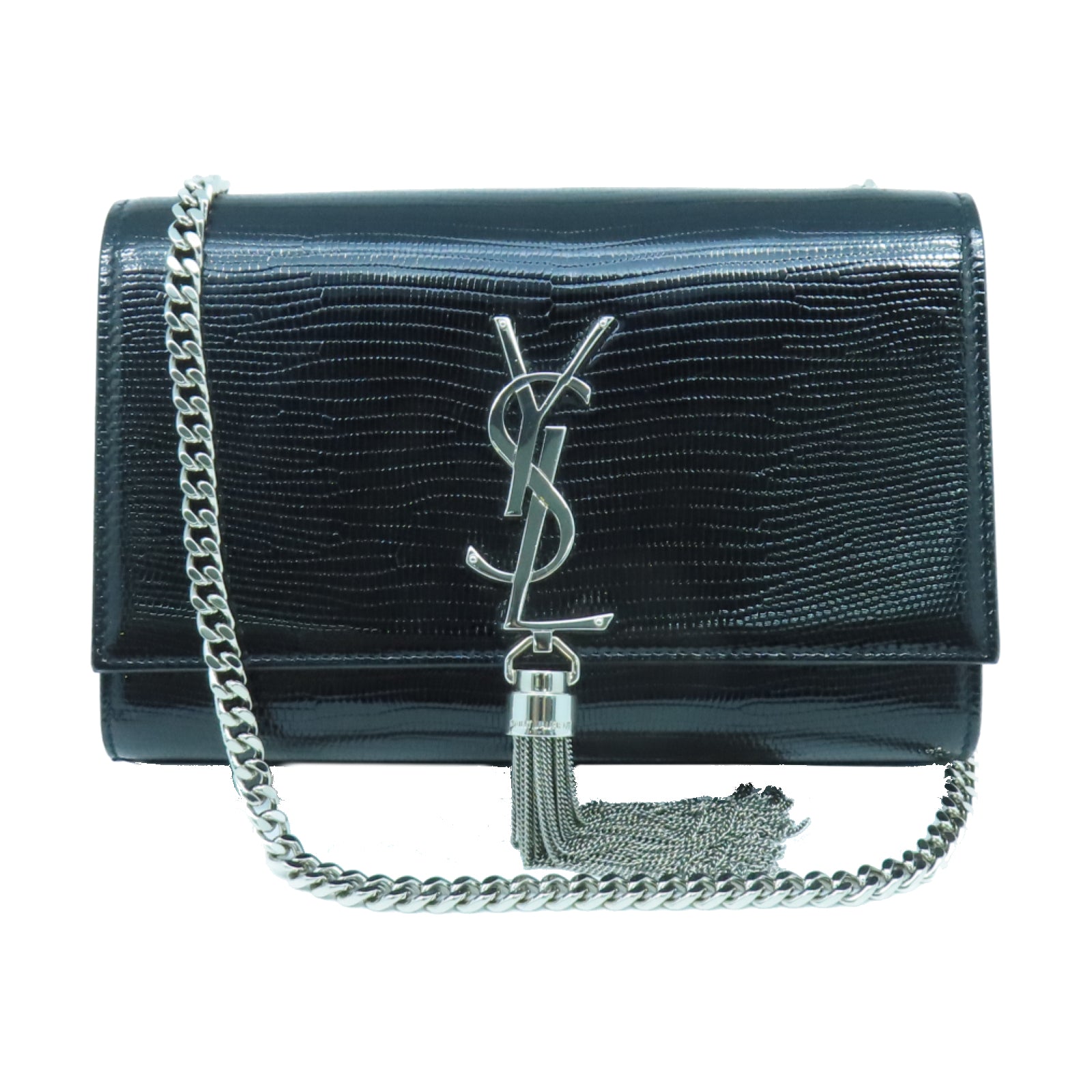 SAINT LAURENT 漆皮皮革Shoulder Bag銀扣鏈帶肩背袋黑色