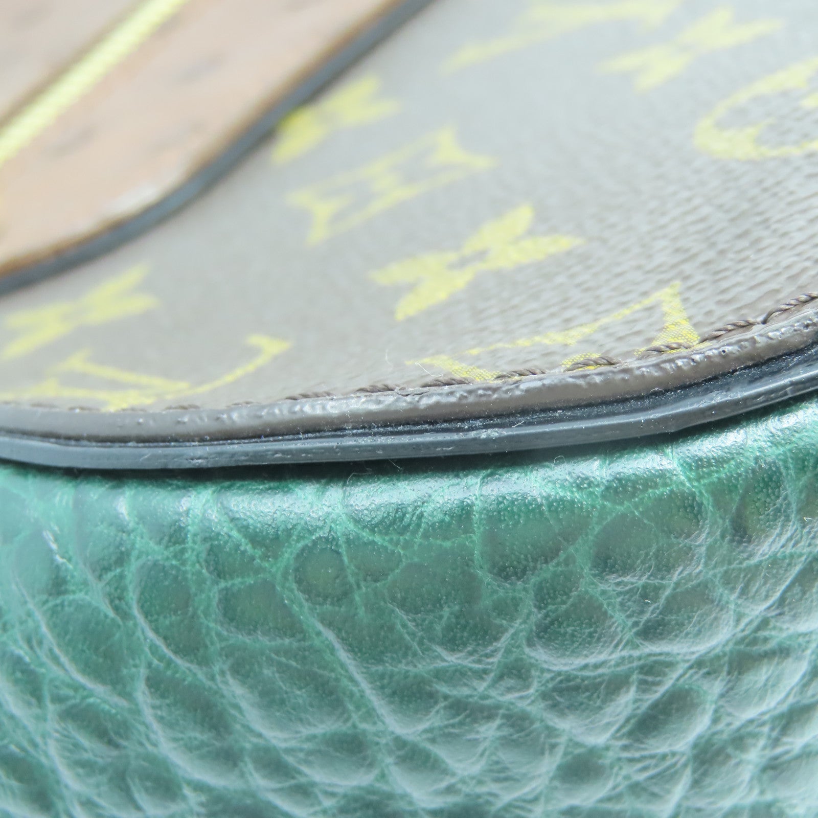 LOUIS VUITTON 駝鳥皮革Monogram Majestueux金扣肩背袋棕色/綠色