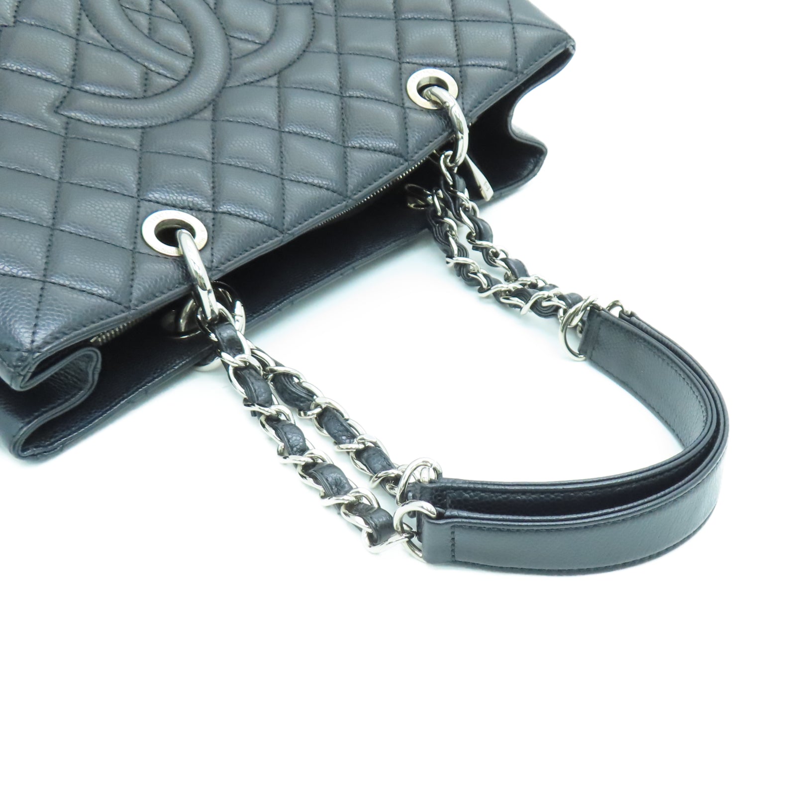 CHANEL 菱格Caviar皮革GST銀扣鏈帶肩背袋黑色