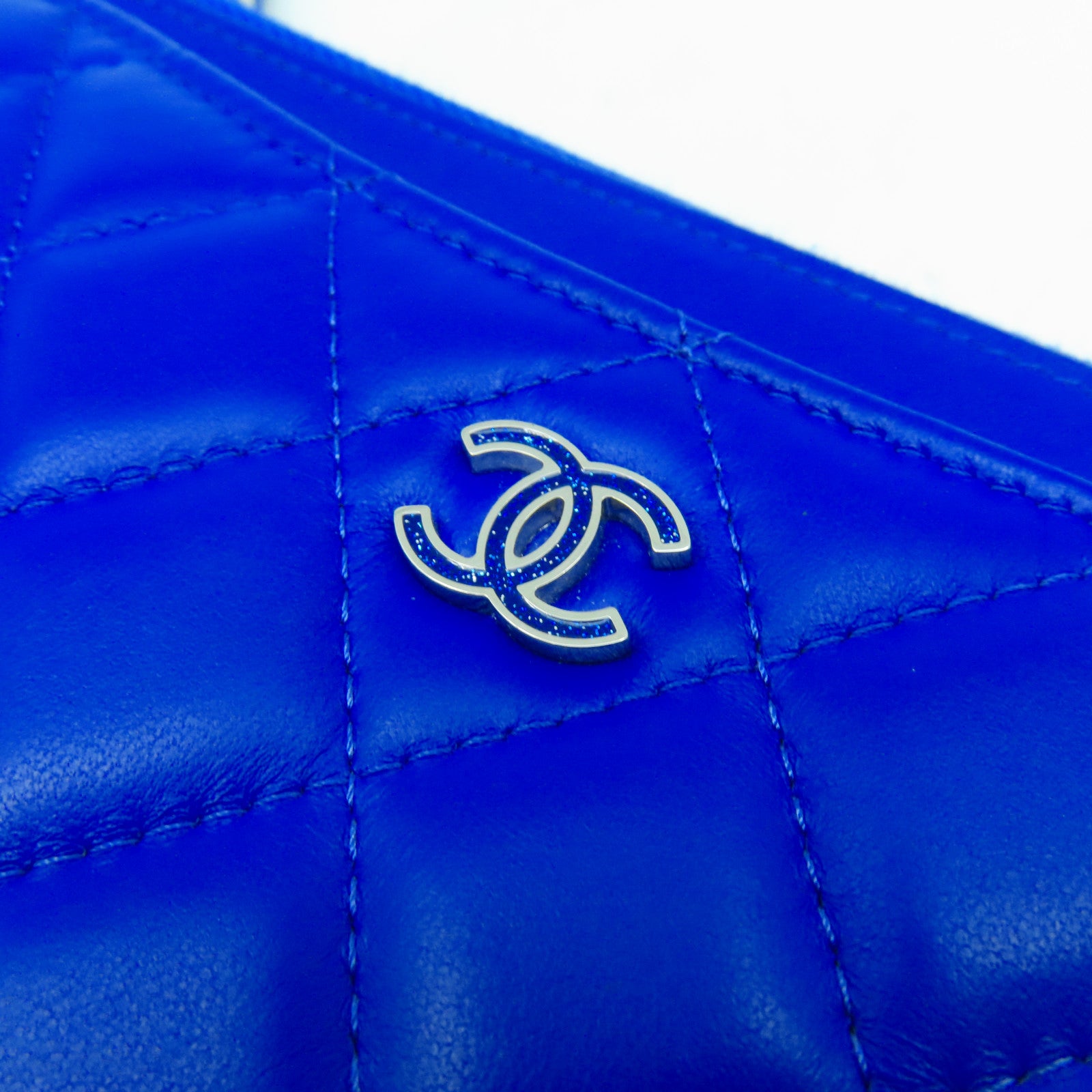 CHANEL 菱格羊皮皮革Zipper Long Wallet銀扣長錢包藍色