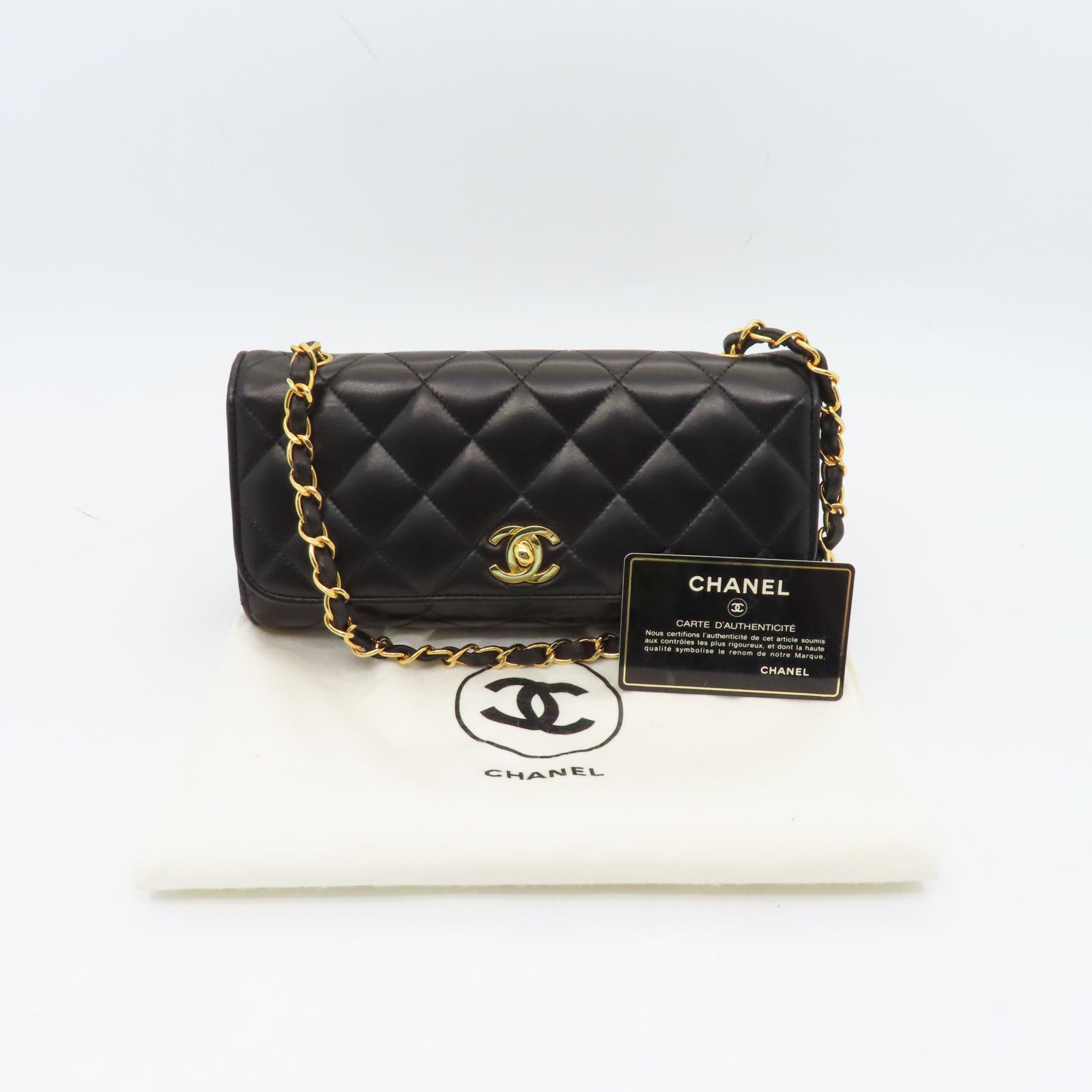 CHANEL 菱格牛皮皮革Chain Shoulder Bag金扣鏈帶肩背袋黑色