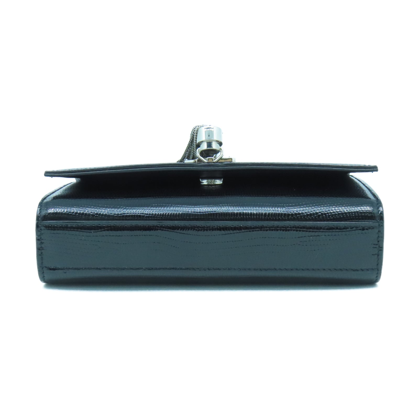 SAINT LAURENT 漆皮皮革Shoulder Bag銀扣鏈帶肩背袋黑色