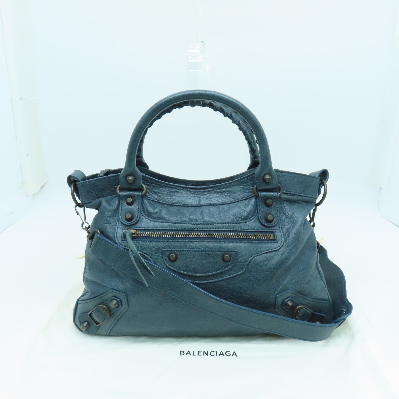 BALENCIAGA cowhide leather The Town gold buckle handle shoulder bag blue