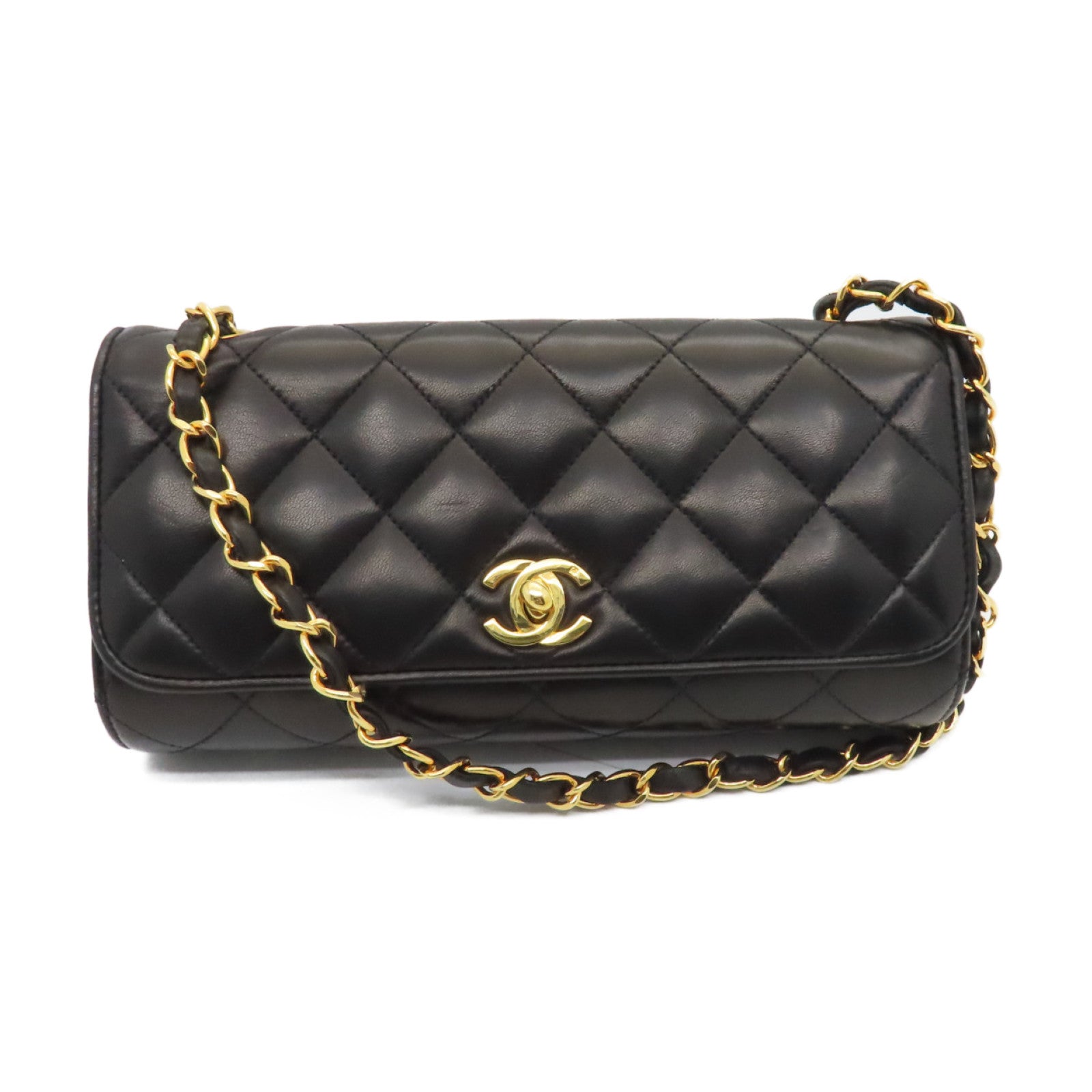 CHANEL 菱格牛皮皮革Chain Shoulder Bag金扣鏈帶肩背袋黑色