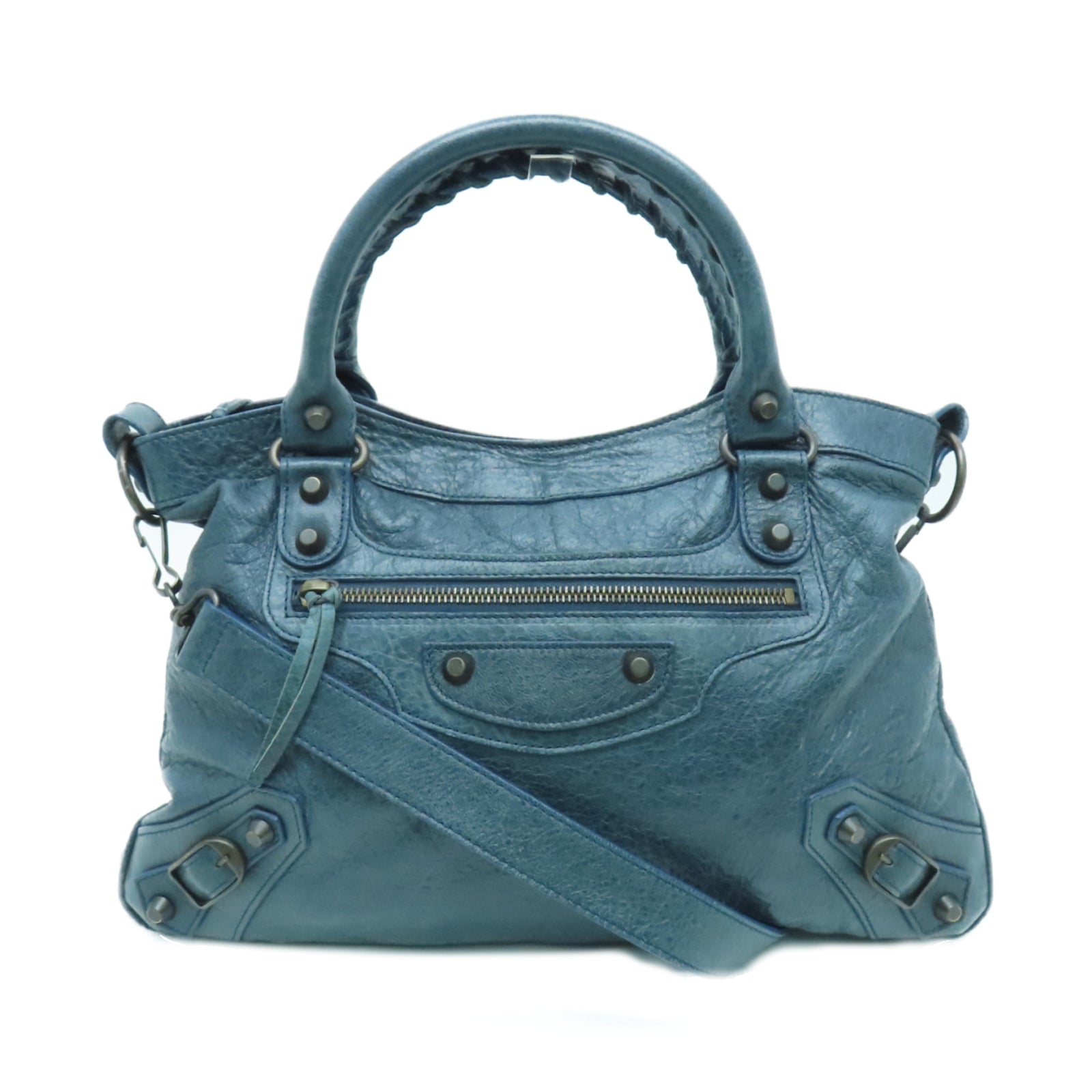 BALENCIAGA cowhide leather The Town gold buckle handle shoulder bag blue