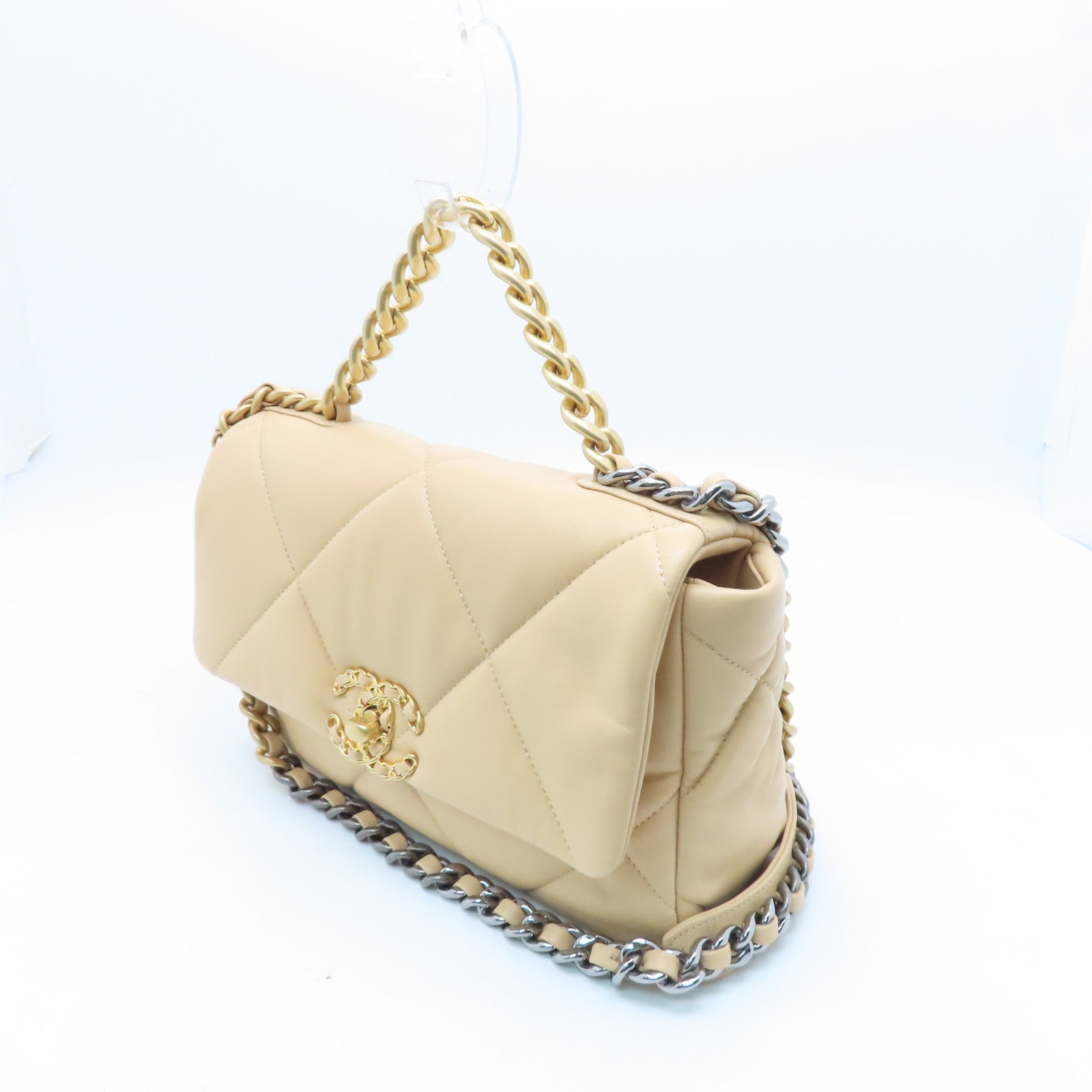 CHANEL rhombus Chanel 19 gold buckle handle shoulder bag apricot