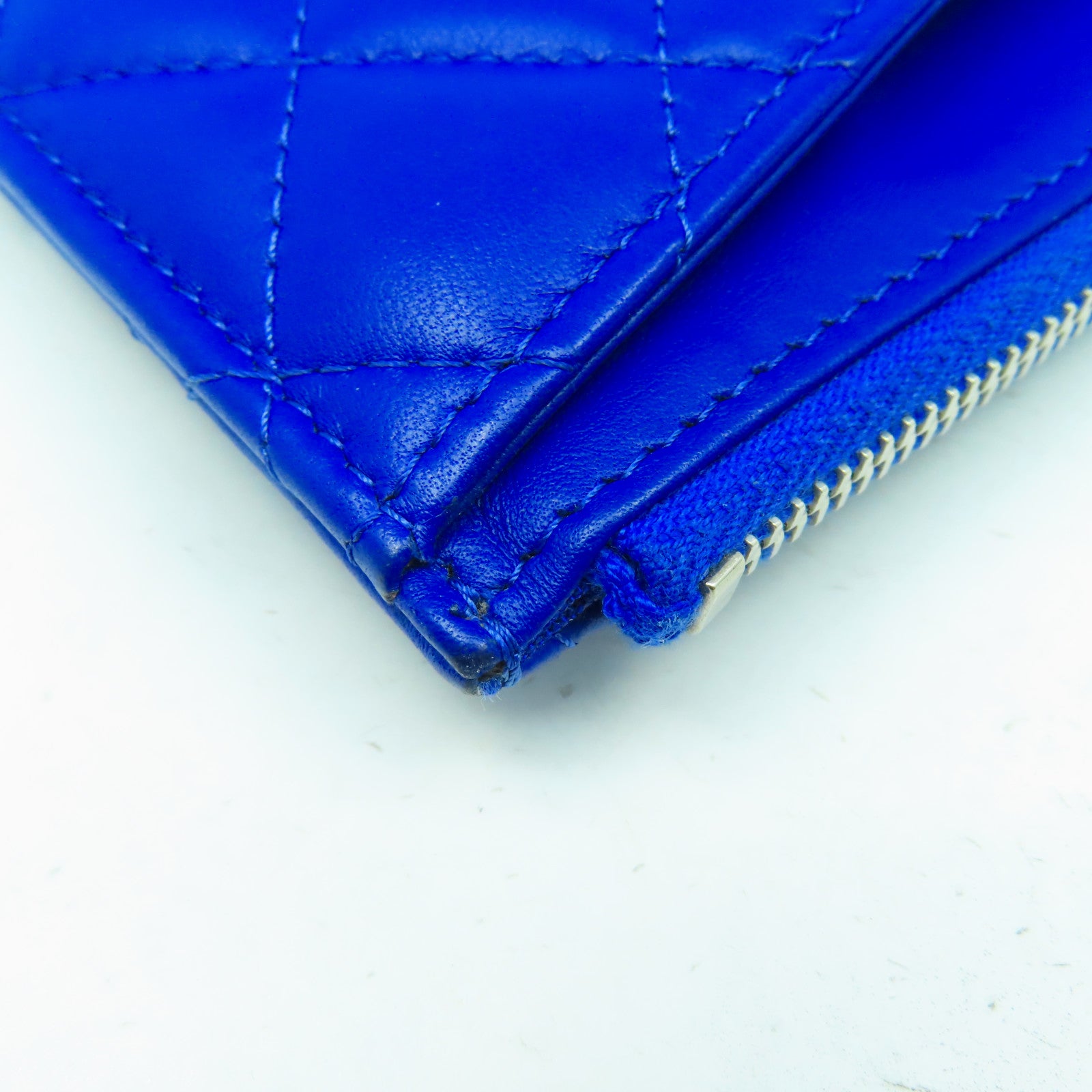 CHANEL 菱格羊皮皮革Zipper Long Wallet銀扣長錢包藍色