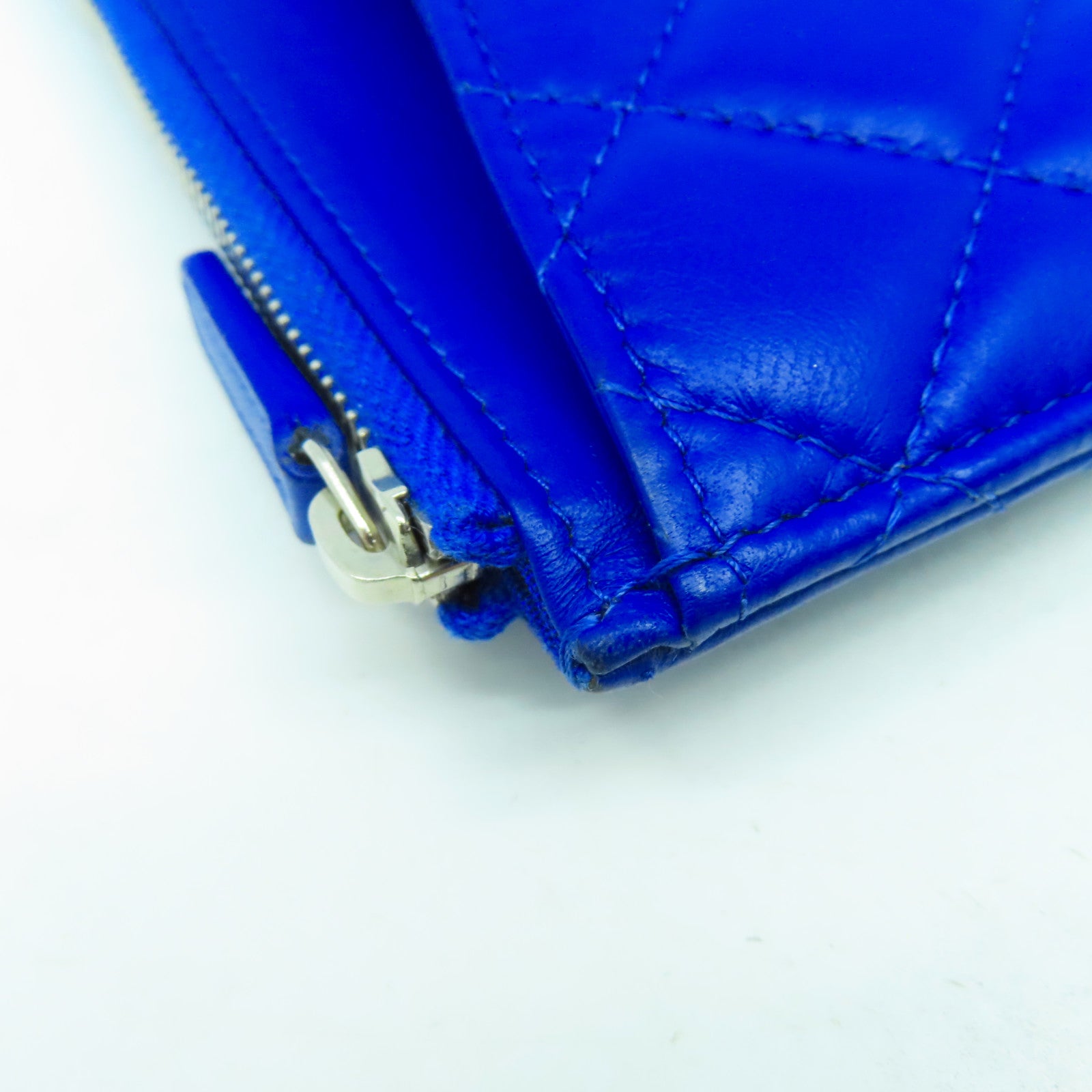 CHANEL 菱格羊皮皮革Zipper Long Wallet銀扣長錢包藍色