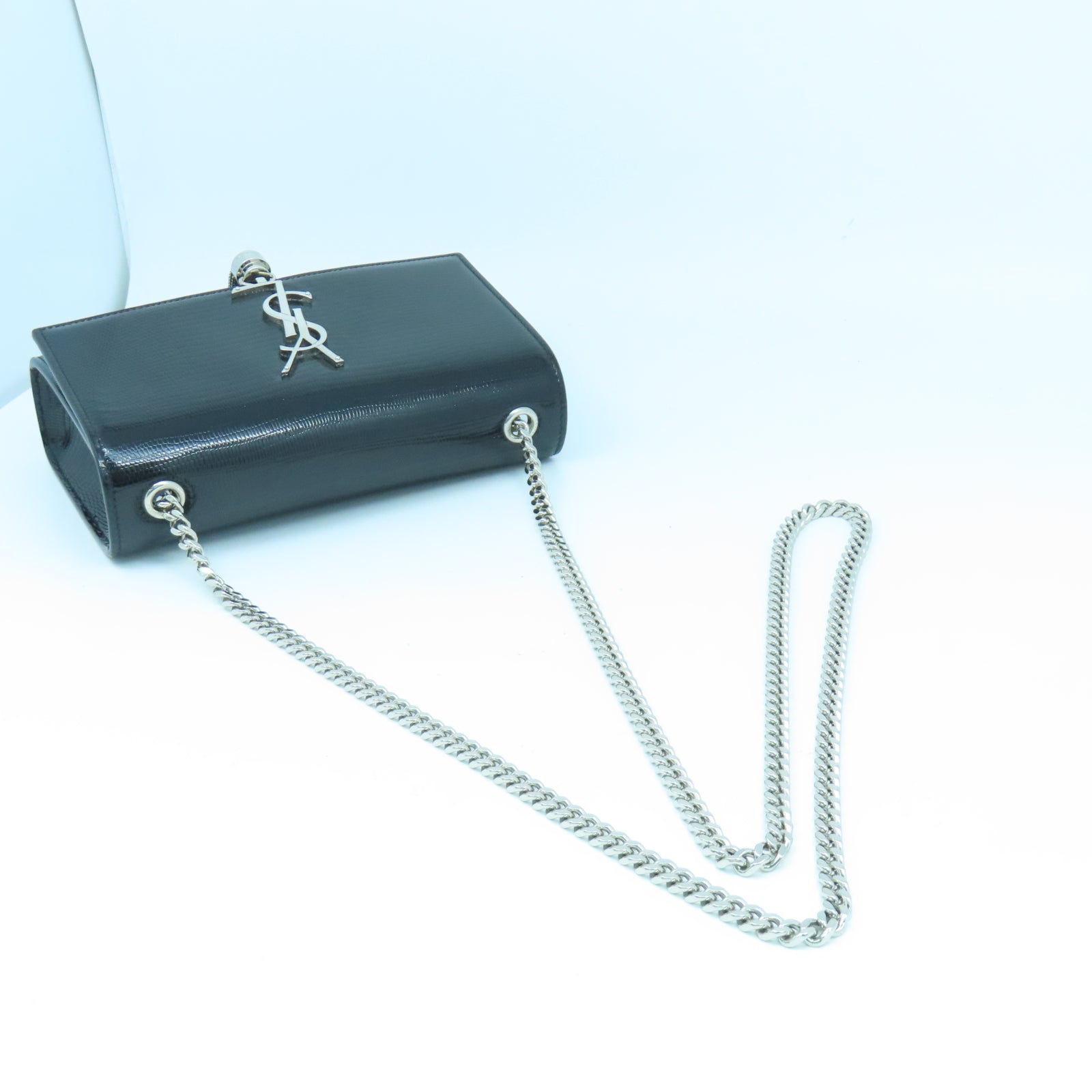 SAINT LAURENT 漆皮皮革Shoulder Bag銀扣鏈帶肩背袋黑色