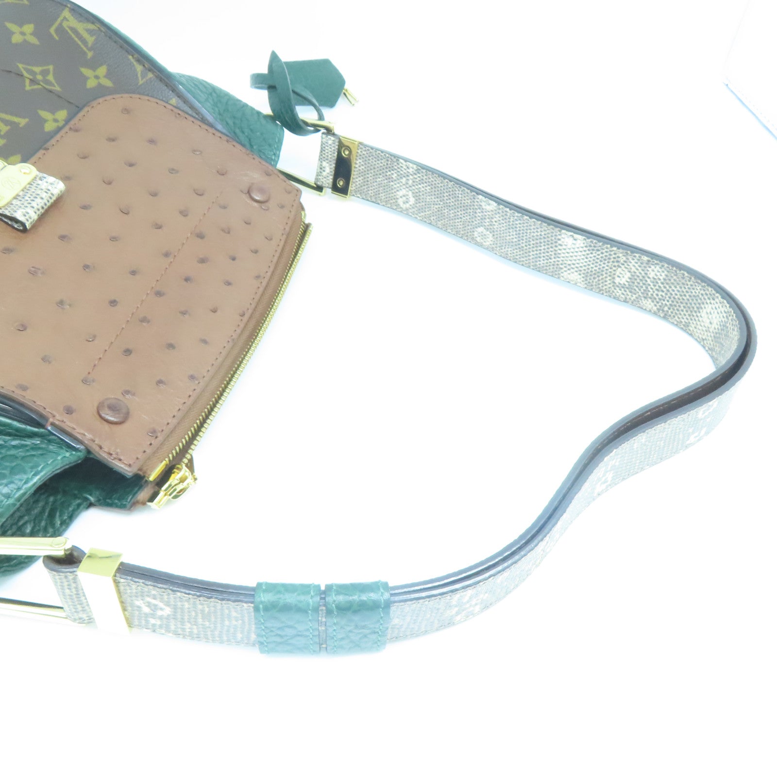 LOUIS VUITTON 駝鳥皮革Monogram Majestueux金扣肩背袋棕色/綠色