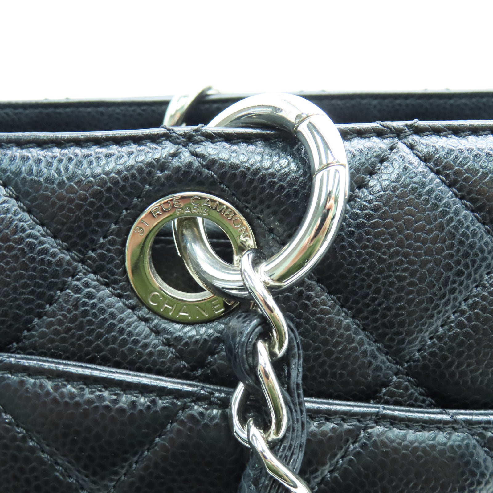 CHANEL 菱格Caviar皮革GST銀扣鏈帶肩背袋黑色