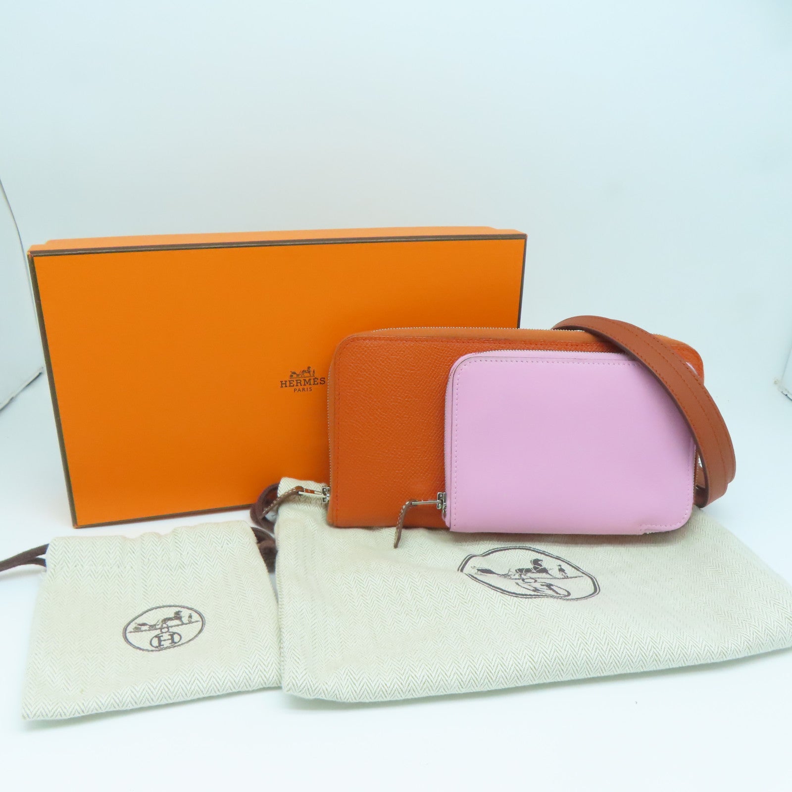 HERMES Espom/Swift皮革Silki Wallet To Go银长钱包/肩背袋橙色/粉红色