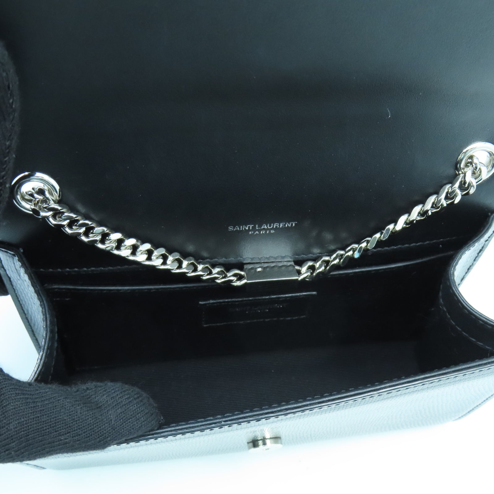 SAINT LAURENT 漆皮皮革Shoulder Bag銀扣鏈帶肩背袋黑色