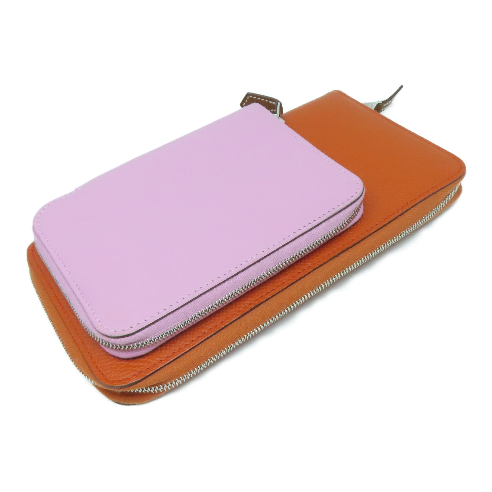 HERMES Espom/Swift皮革Silki Wallet To Go银长钱包/肩背袋橙色/粉红色
