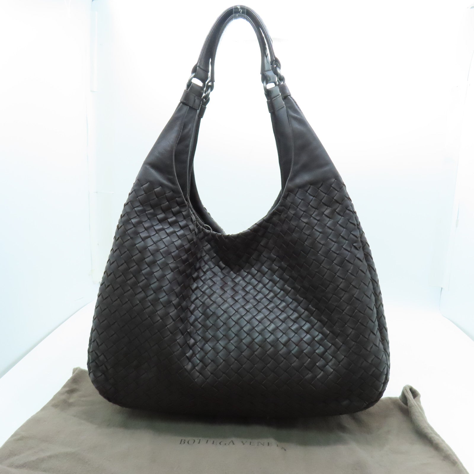 BOTTEGA VENETA 【激減優惠】織紋皮革Shoulder Bag銀扣肩背袋啡色