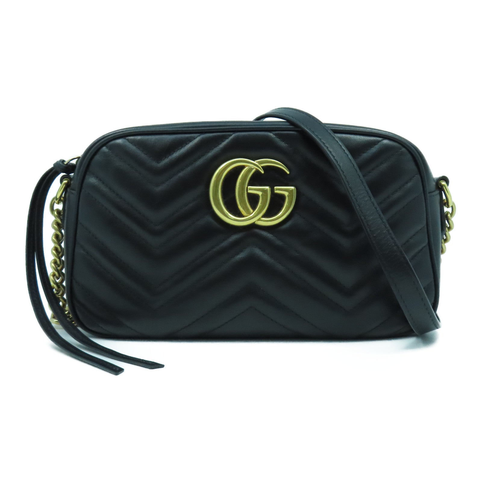 GUCCI 牛皮皮革GG Marmont金扣鏈帶肩背袋黑色