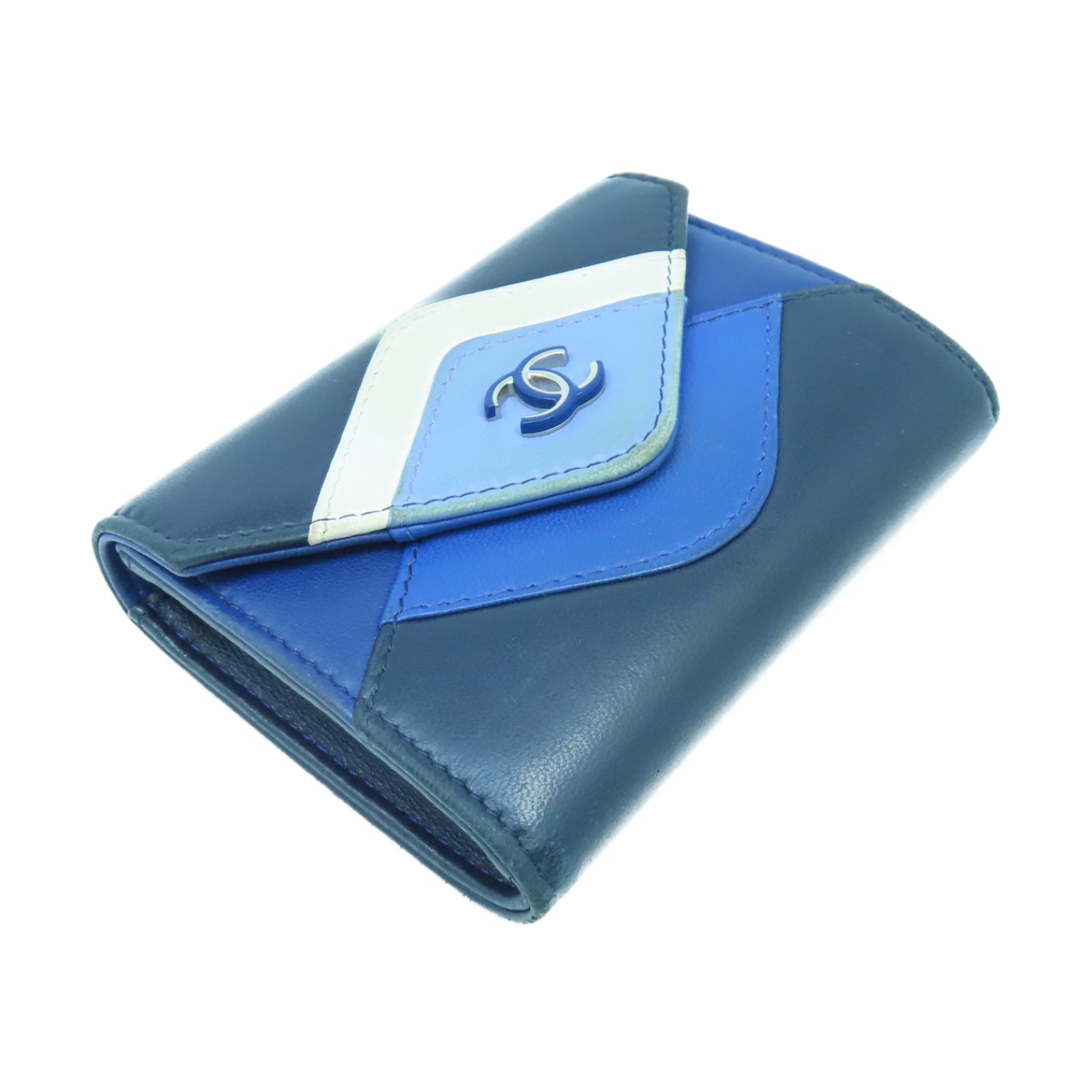 CHANEL 羊皮皮革Card Case銀扣卡片套藍色