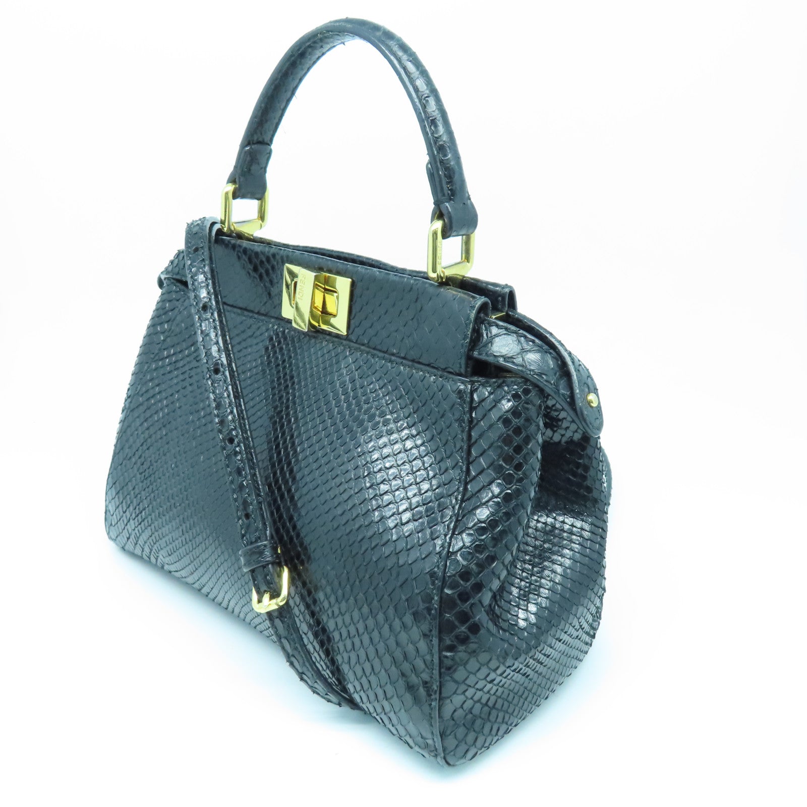 FENDI 蛇皮皮革Mini Peekapoo金扣手挽肩背兩用袋黑色