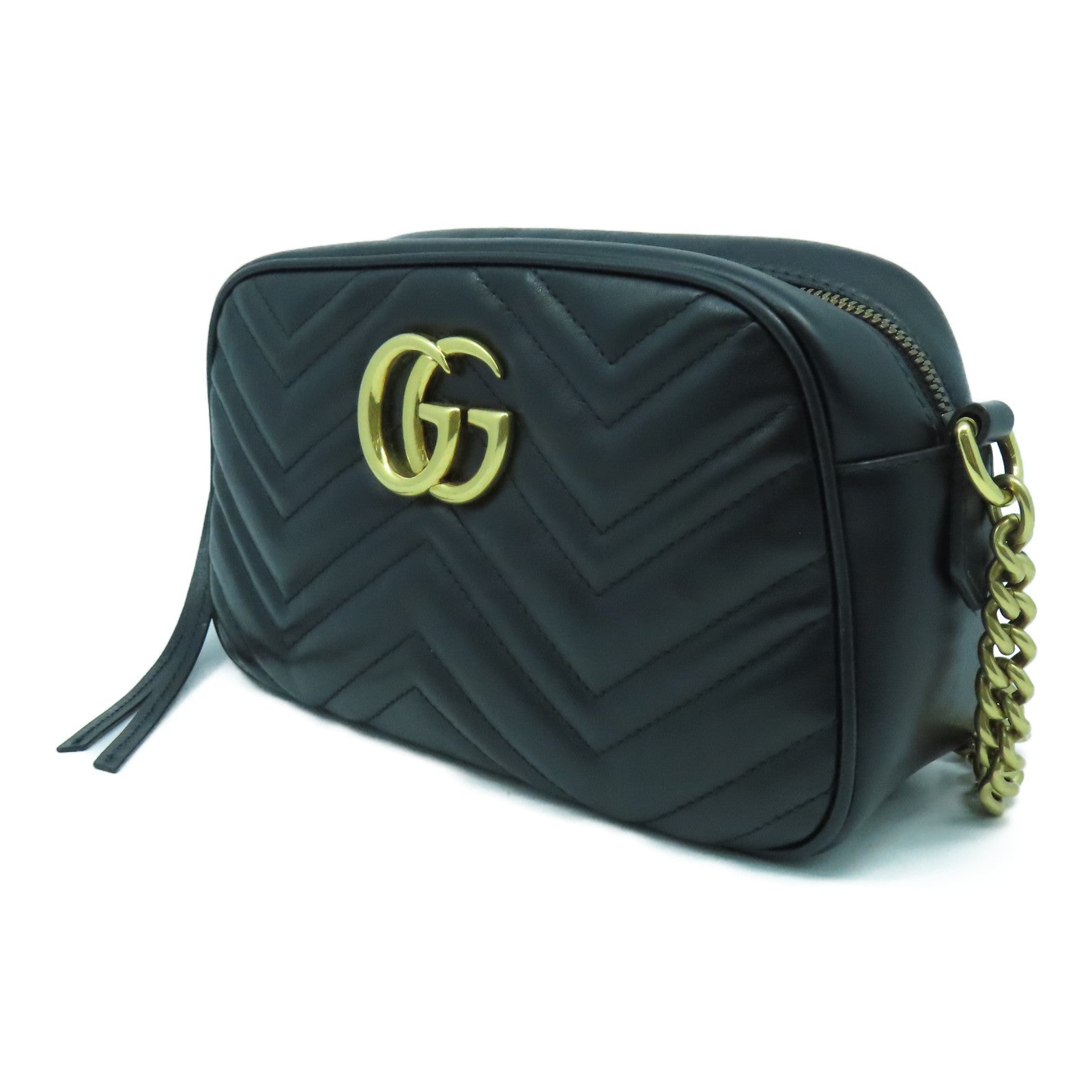 GUCCI 牛皮皮革GG Marmont金扣鏈帶肩背袋黑色