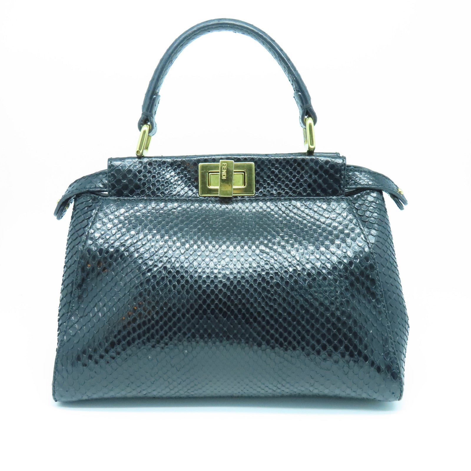 FENDI 蛇皮皮革Mini Peekapoo金扣手挽肩背兩用袋黑色