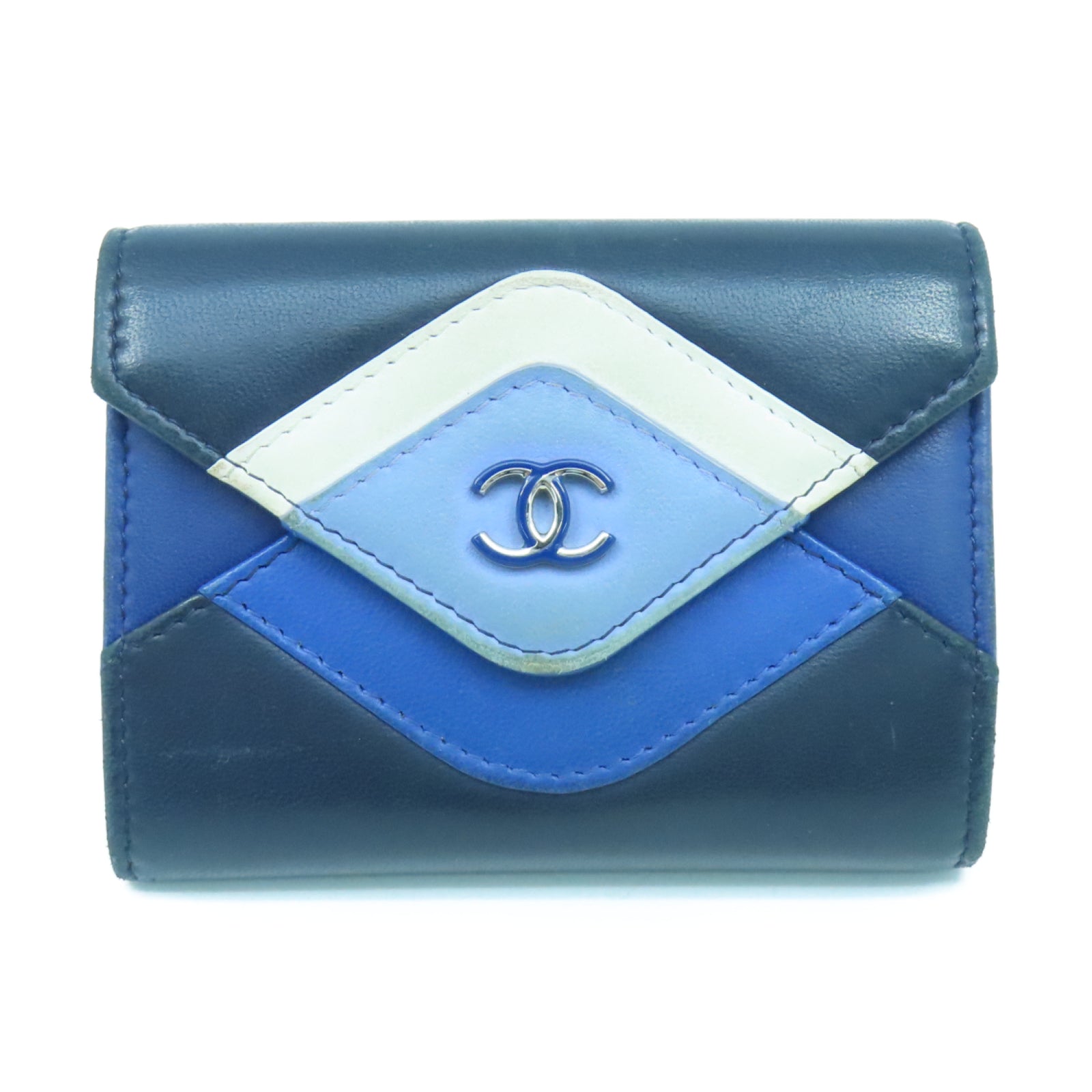 CHANEL 羊皮皮革Card Case銀扣卡片套藍色