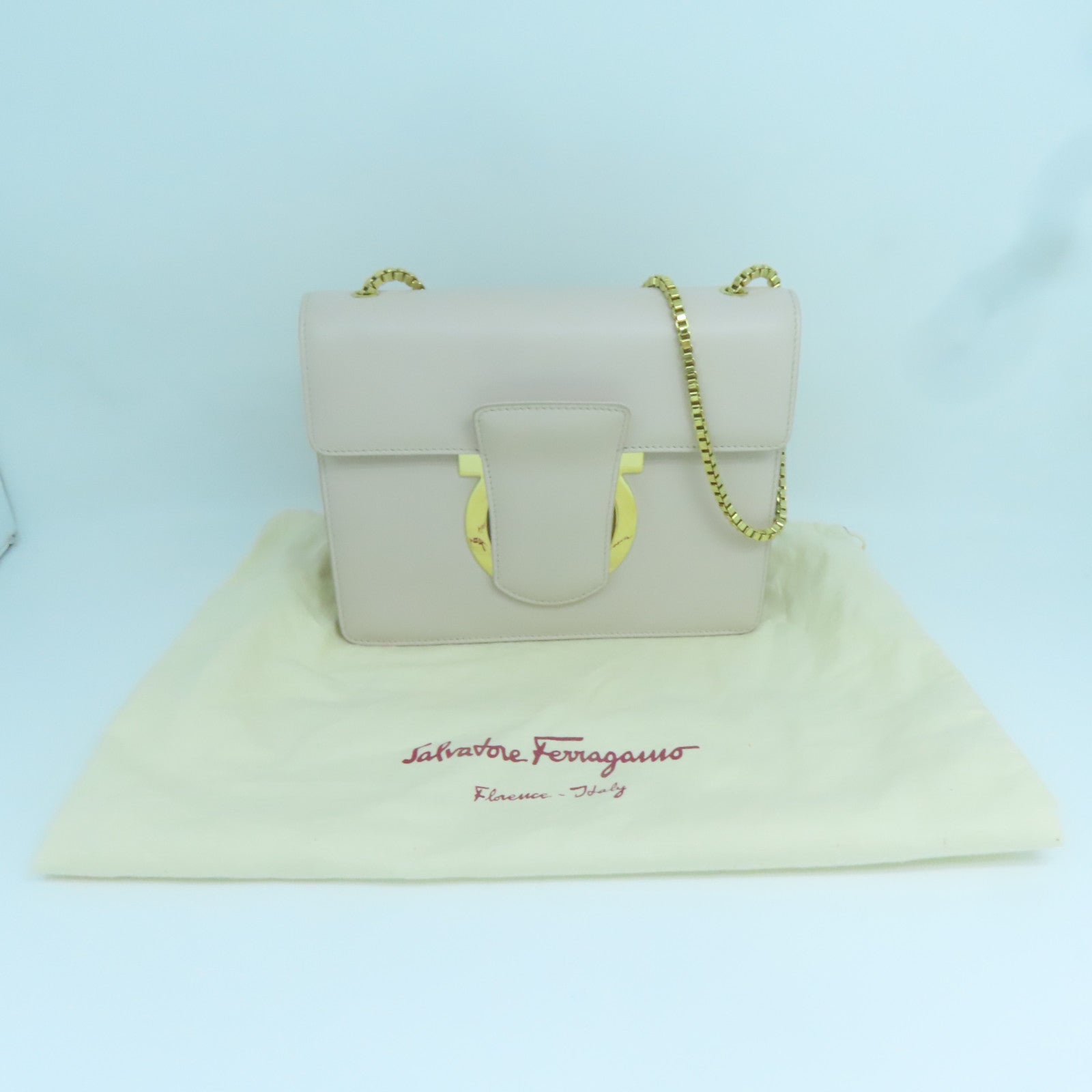 Salvatore Ferragamo 【激減優惠】牛皮皮革Chain Shoulder金扣鏈帶肩背袋粉色
