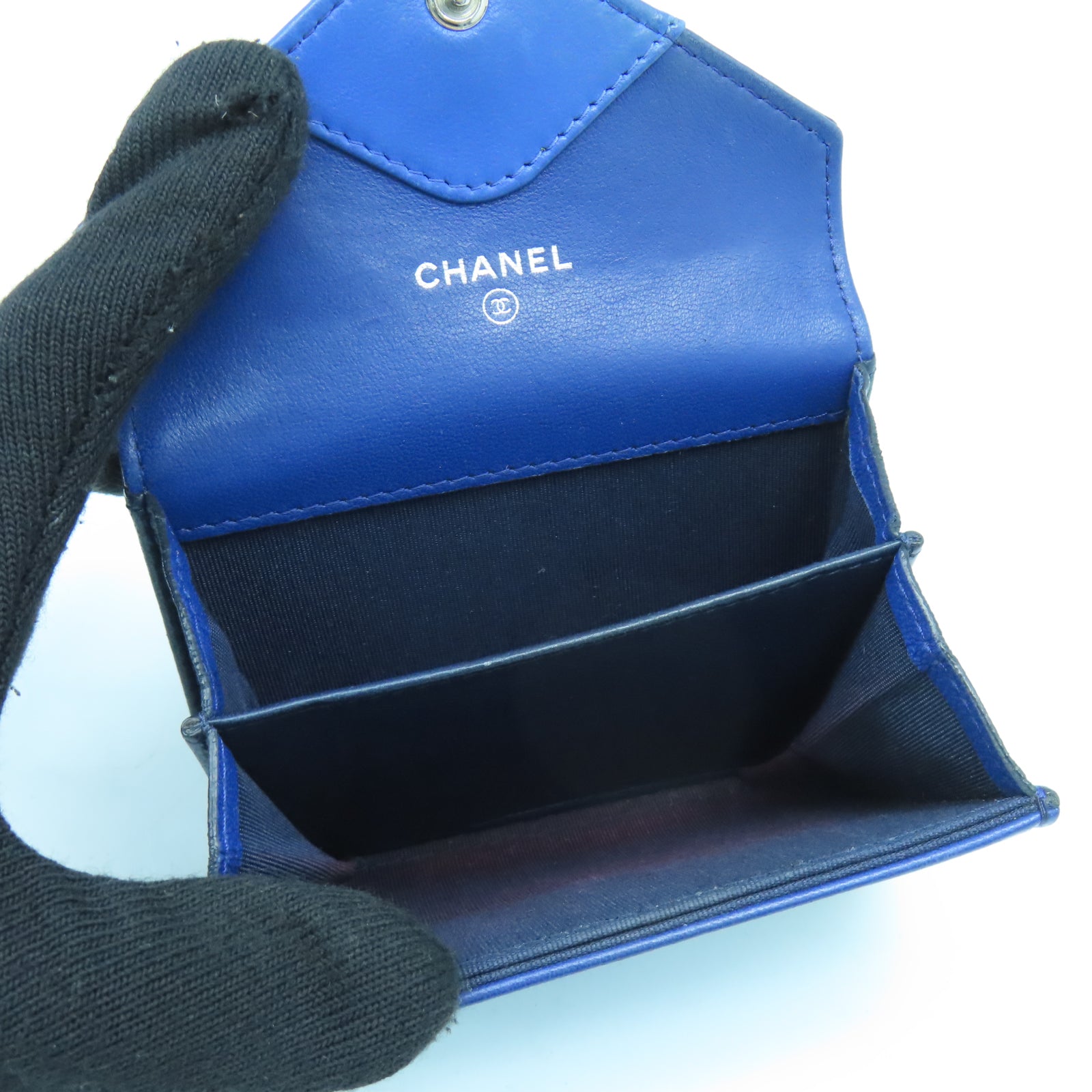 CHANEL 羊皮皮革Card Case銀扣卡片套藍色