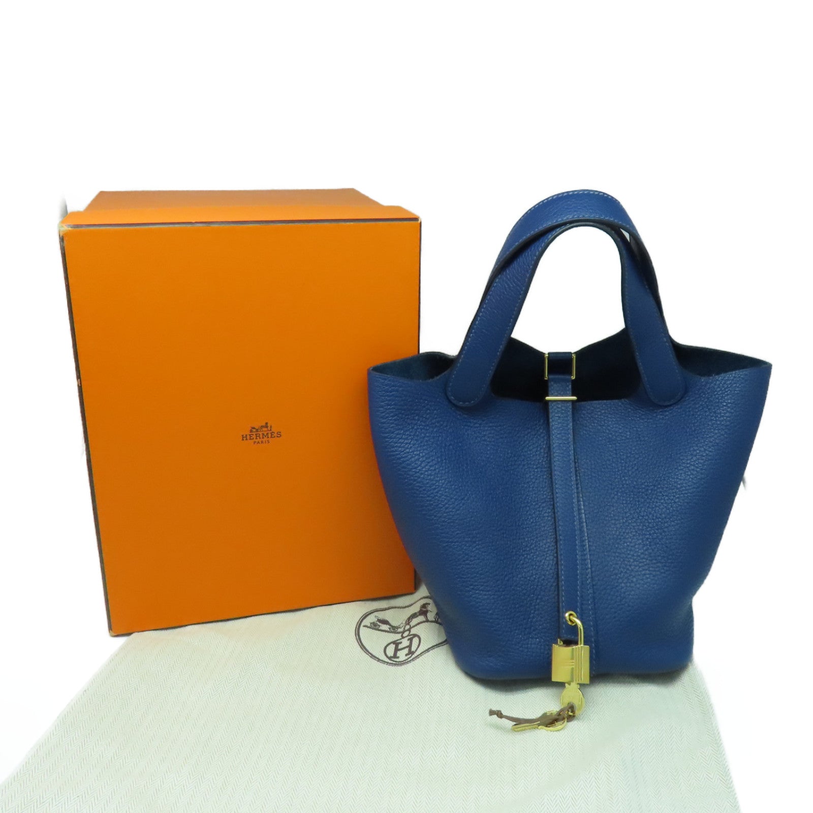 HERMES Clemence皮革Picotin PM金扣手挽袋Deep Blue蓝色