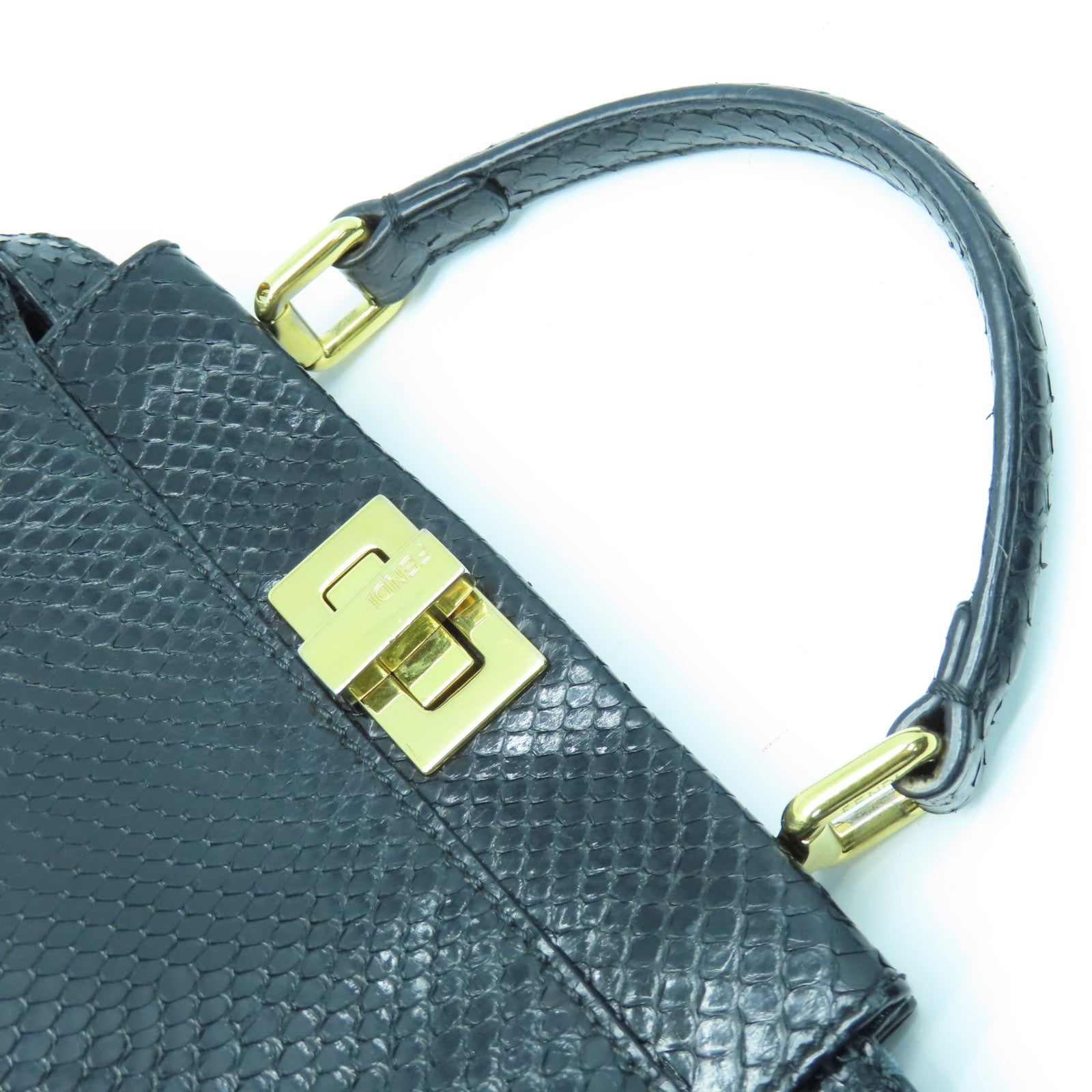 FENDI 蛇皮皮革Mini Peekapoo金扣手挽肩背兩用袋黑色