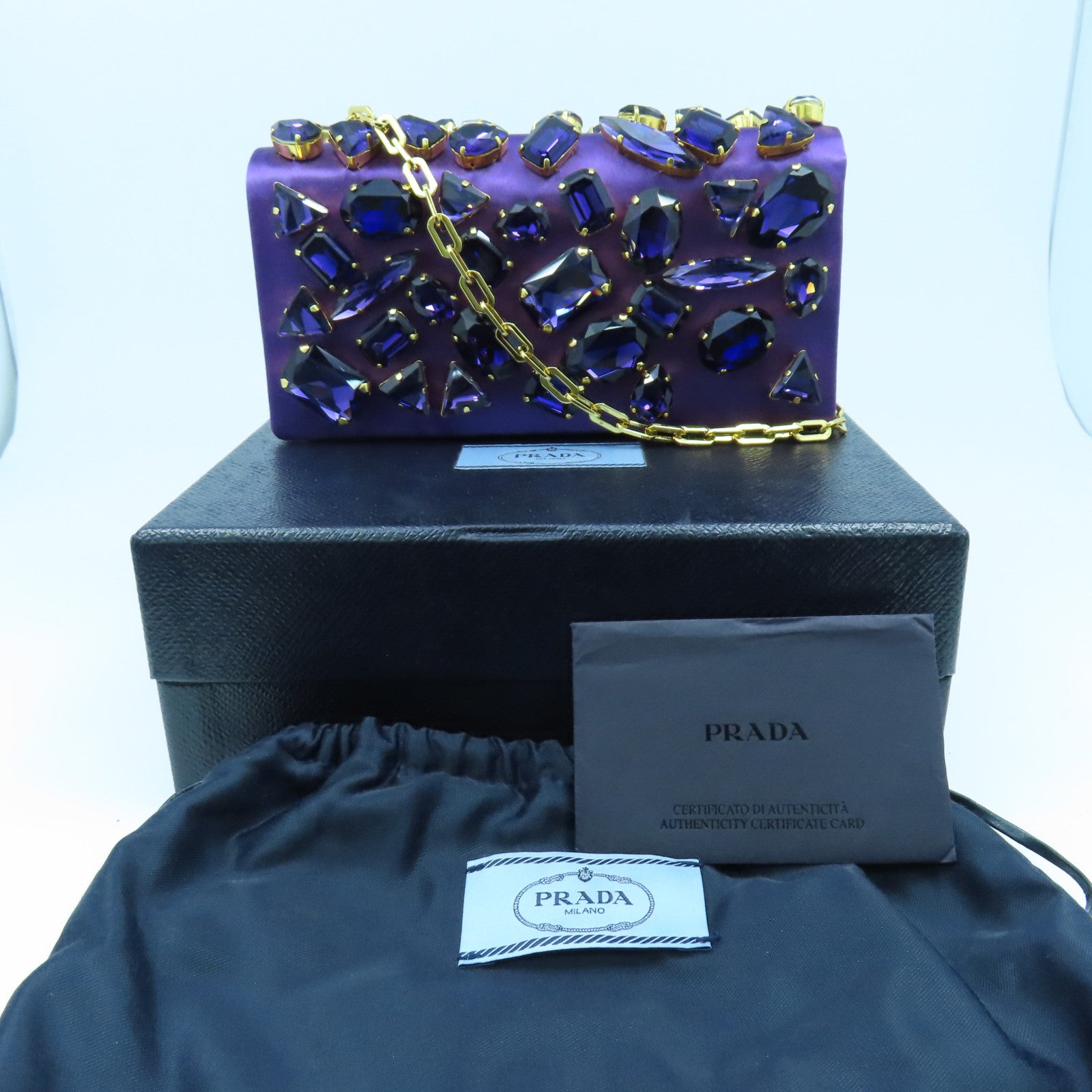 PRADA Clystal Embeillshed Satin Clutch金扣链带肩背袋紫色