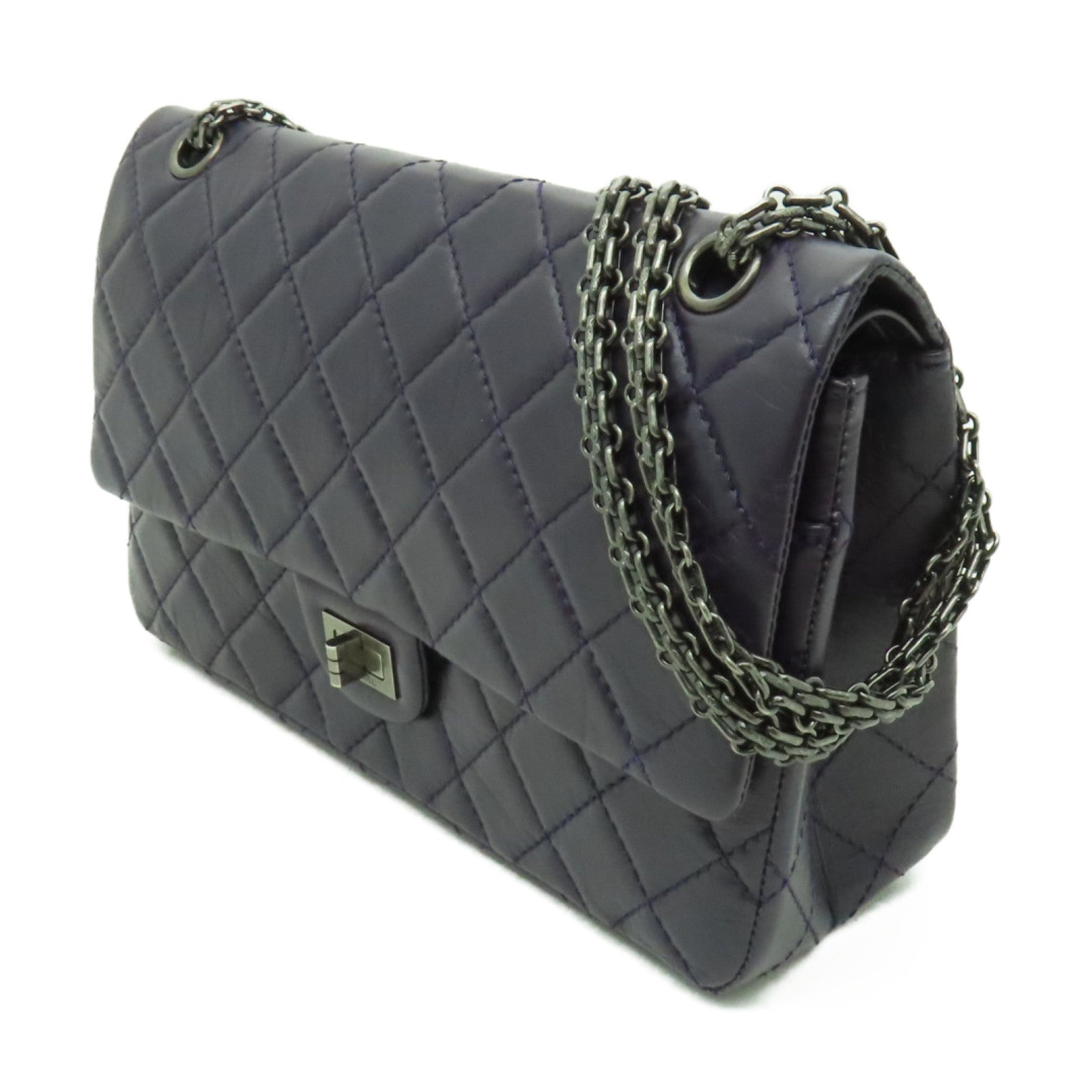 CHANEL 菱格Aged Calf皮革2.55銀扣鏈帶肩背袋紫色