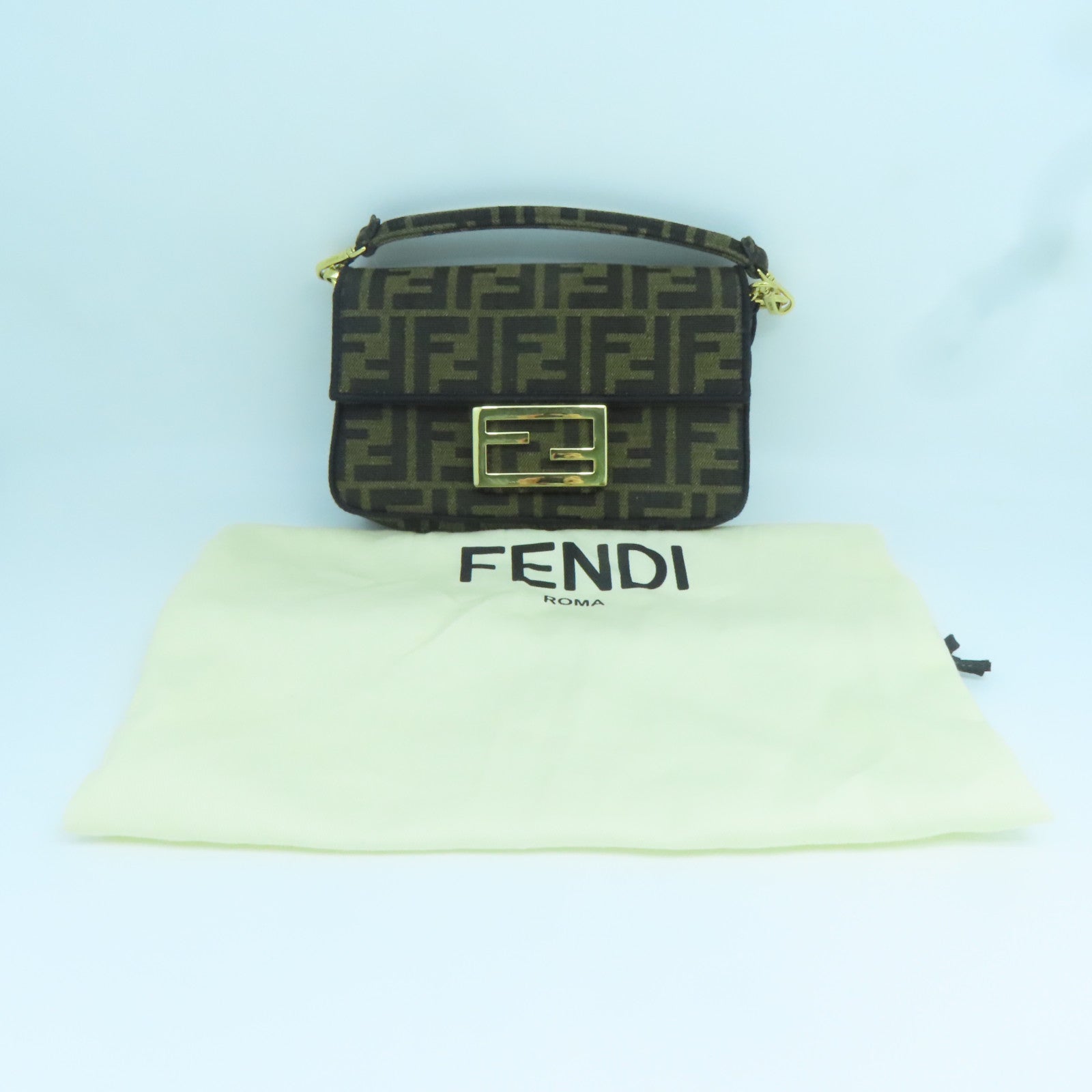 FENDI 帆布Chain Shoulder金扣鏈帶肩背袋棕色