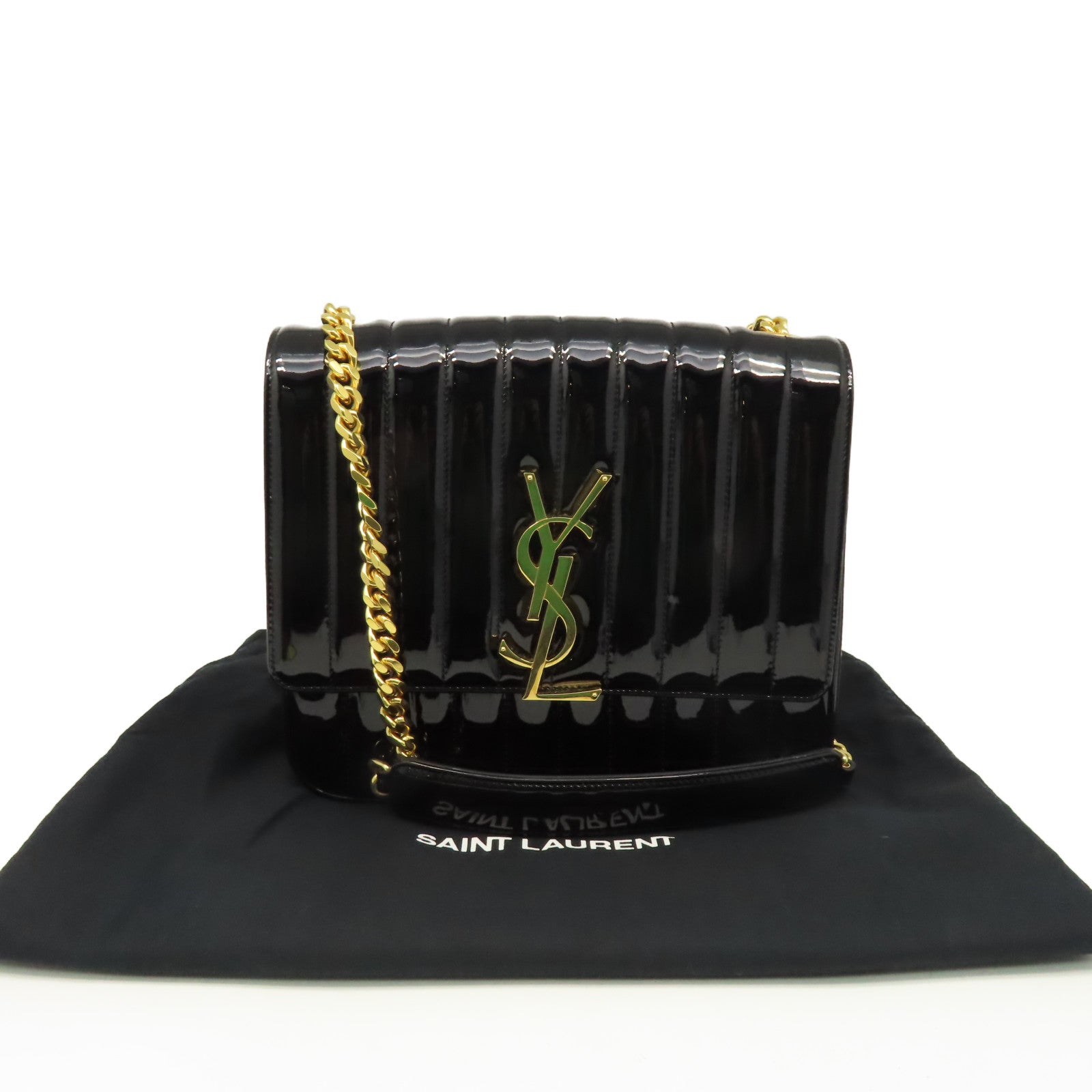 SAINT LAURENT 漆皮皮革Vicky Large Shoulder Bag金扣肩背袋黑色