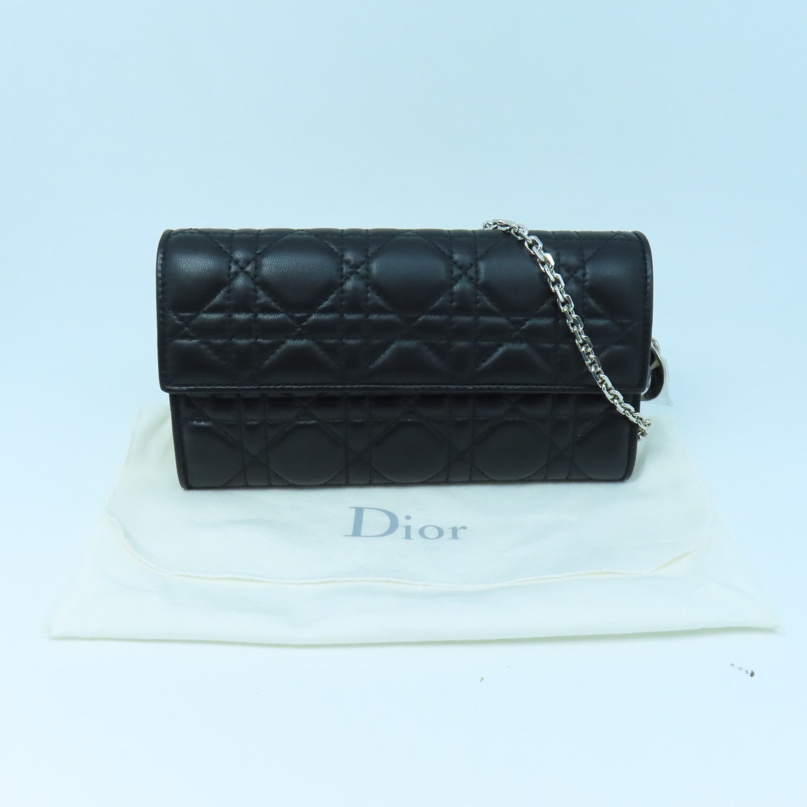 Dior Sheepskin Leather Wallet With Chain Silver Buckle Chain Shoulder Bag Black