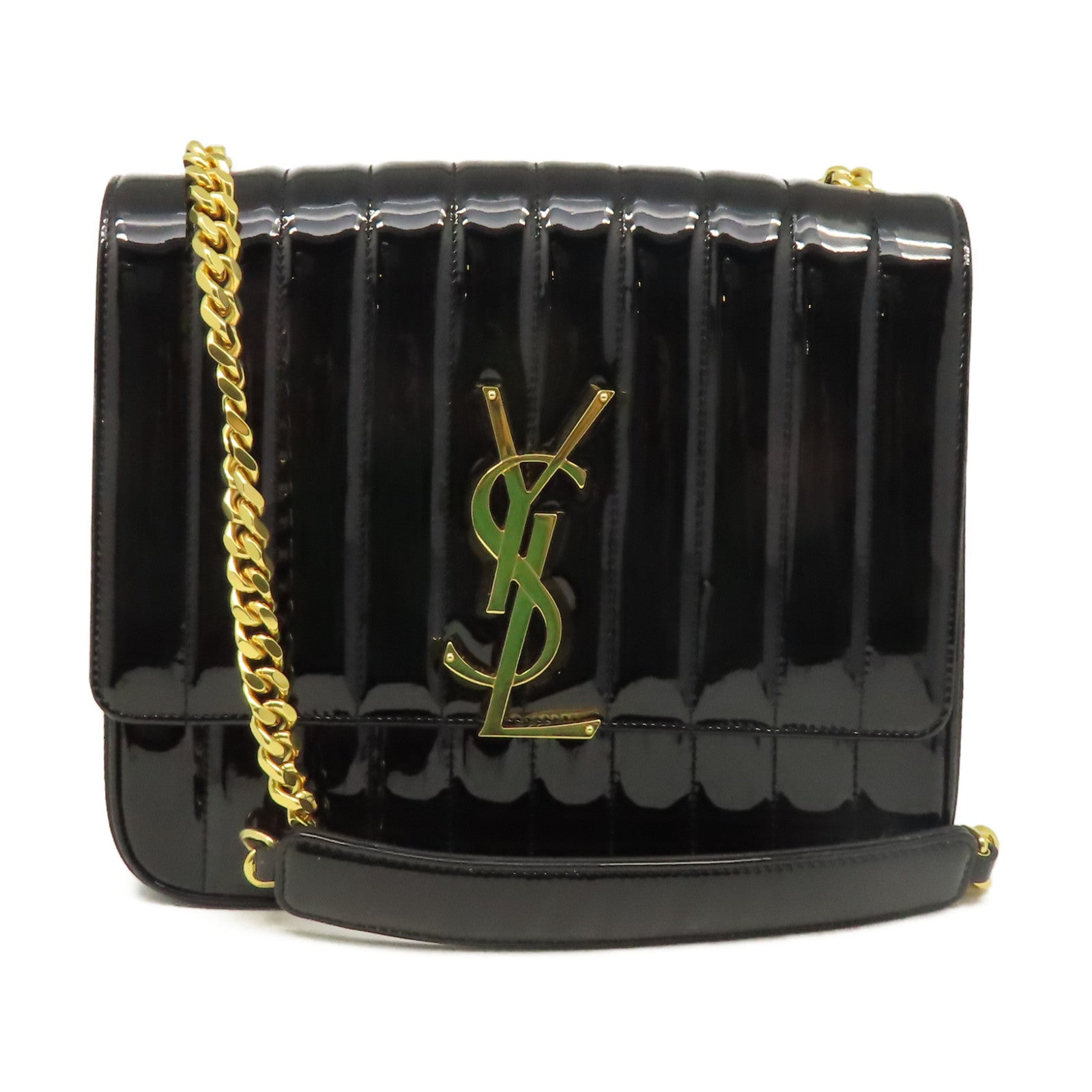 SAINT LAURENT 漆皮皮革Vicky Large Shoulder Bag金扣肩背袋黑色