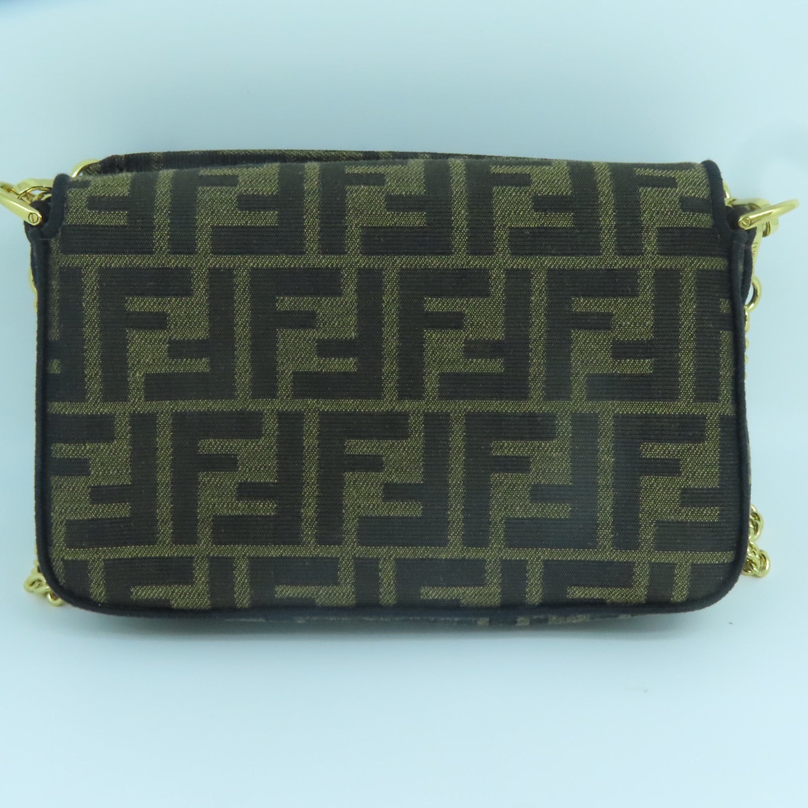 FENDI 帆布Chain Shoulder金扣鏈帶肩背袋棕色