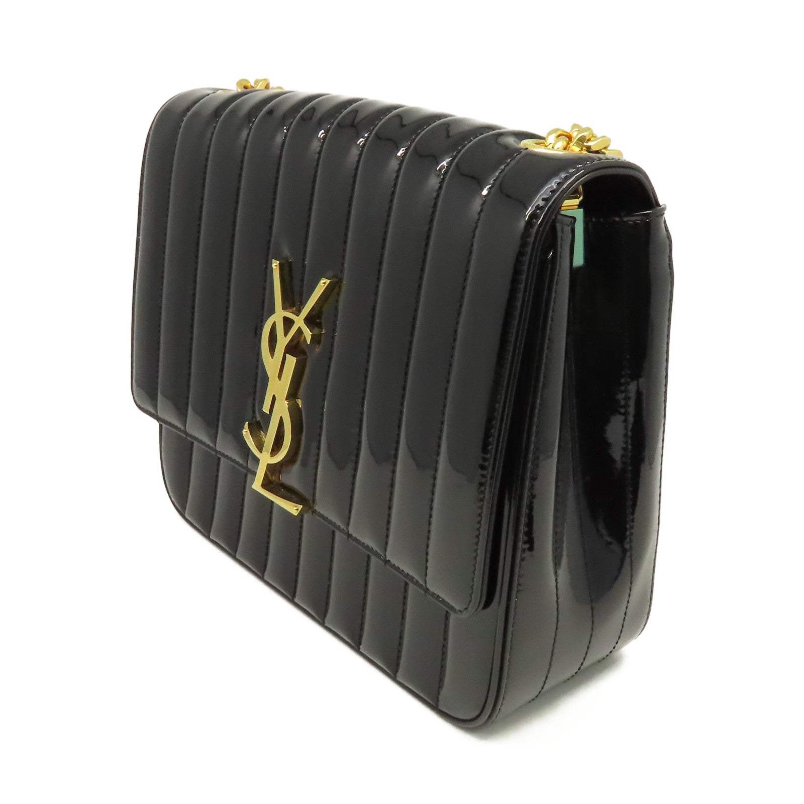 SAINT LAURENT 漆皮皮革Vicky Large Shoulder Bag金扣肩背袋黑色