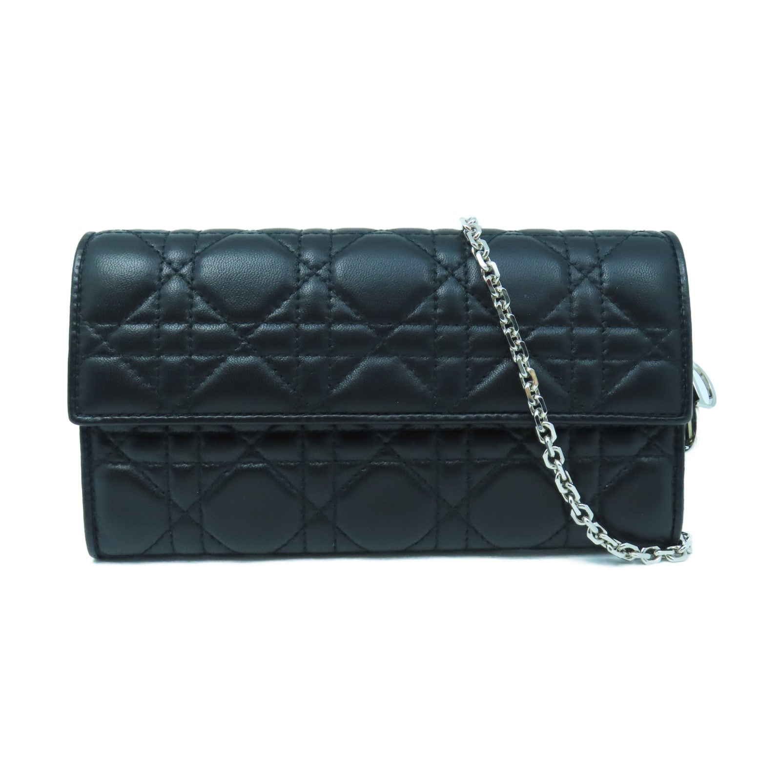 Dior Sheepskin Leather Wallet With Chain Silver Buckle Chain Shoulder Bag Black