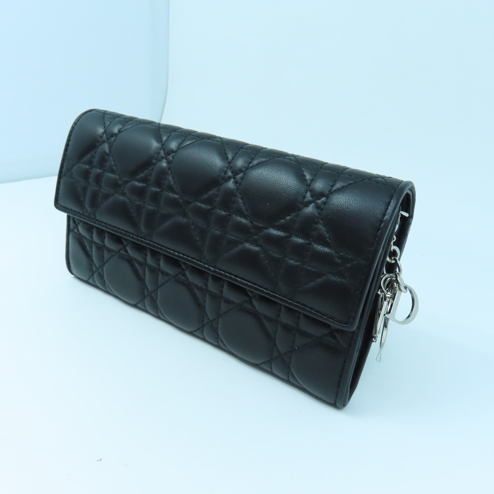 Dior Sheepskin Leather Wallet With Chain Silver Buckle Chain Shoulder Bag Black