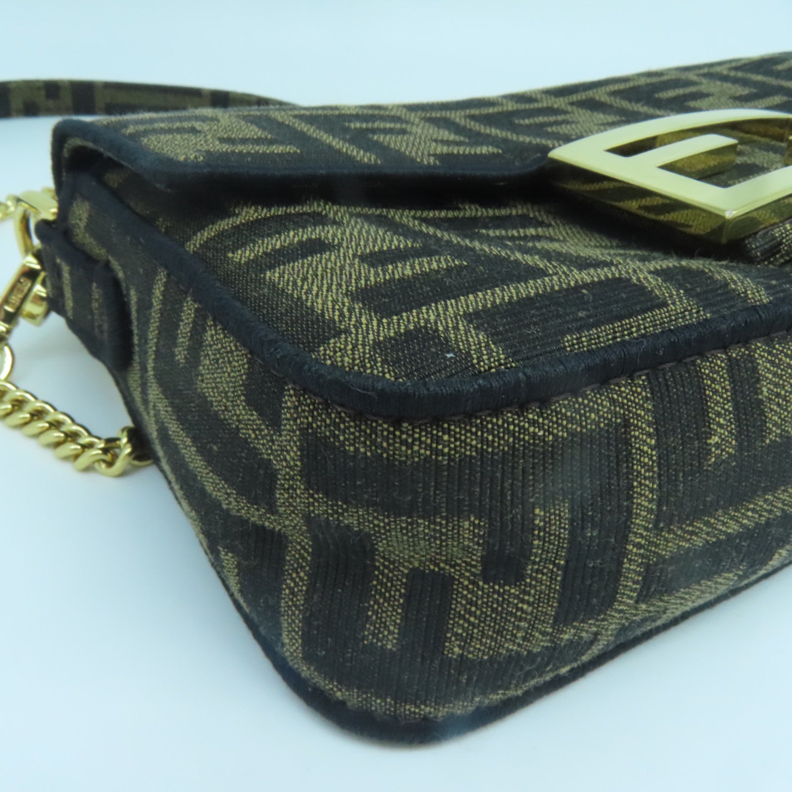 FENDI 帆布Chain Shoulder金扣鏈帶肩背袋棕色