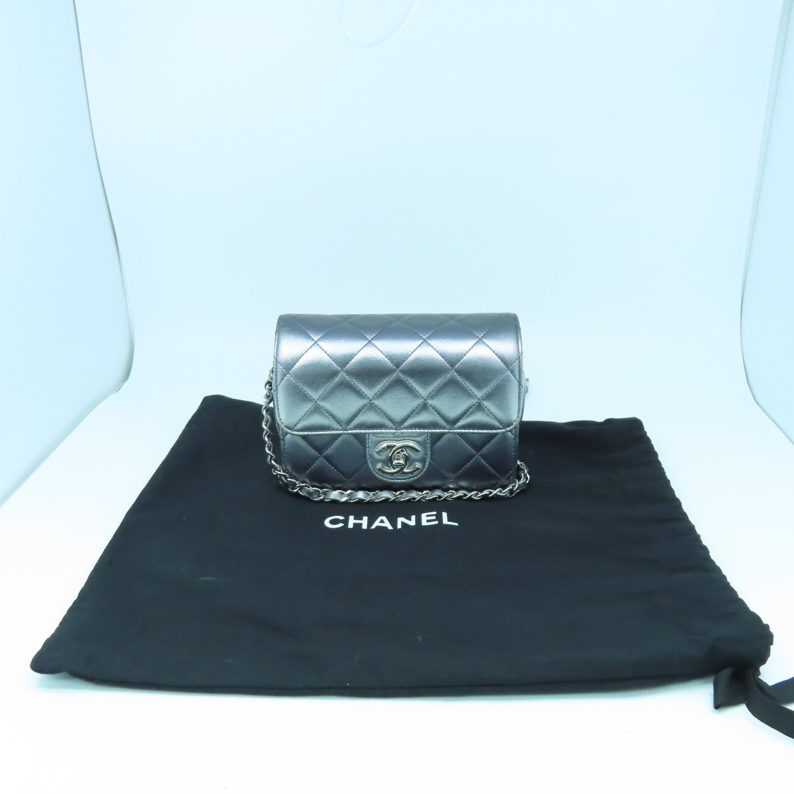 CHANEL 菱格皮革Chain Shoulder銀扣鏈帶肩背袋銀色