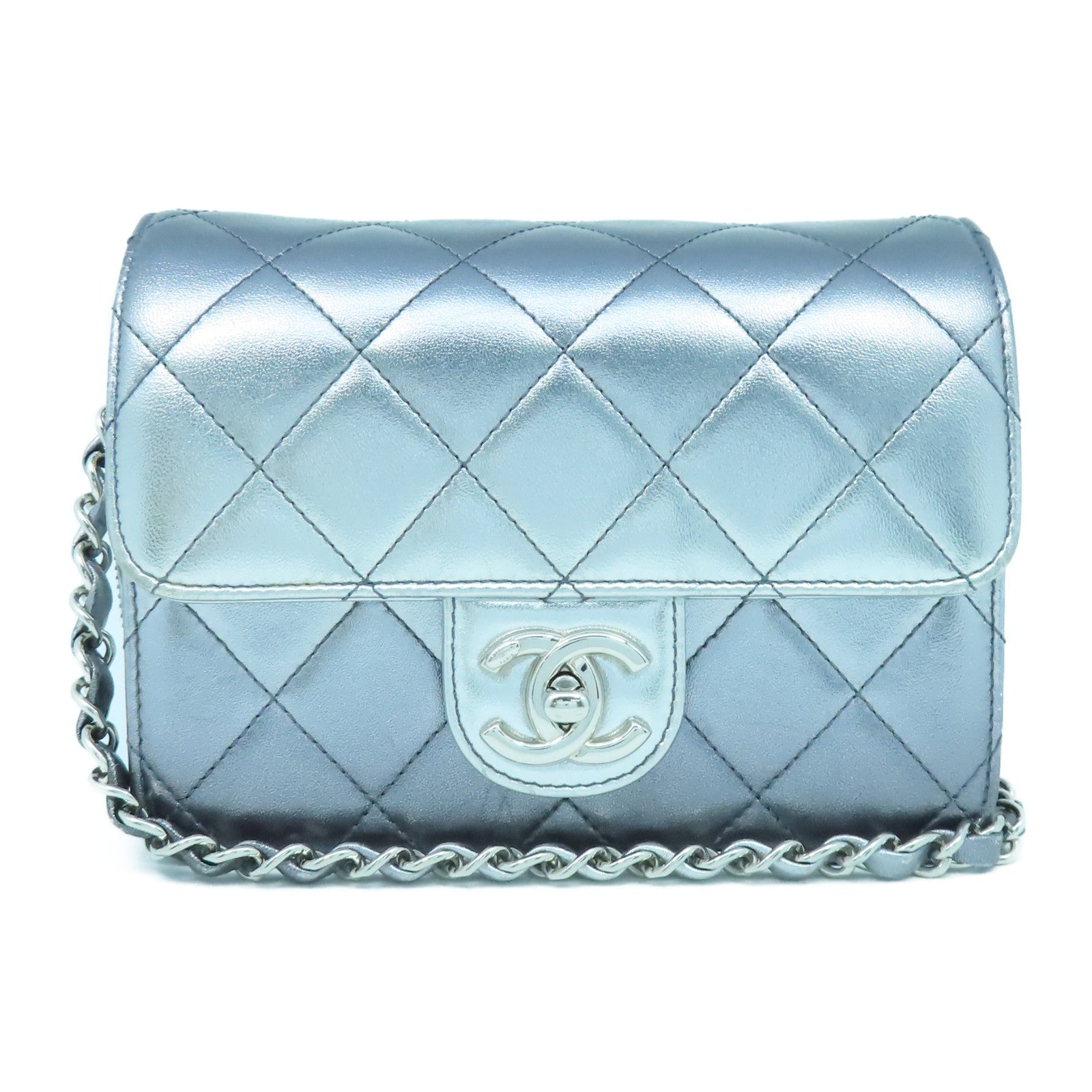 CHANEL 菱格皮革Chain Shoulder銀扣鏈帶肩背袋銀色