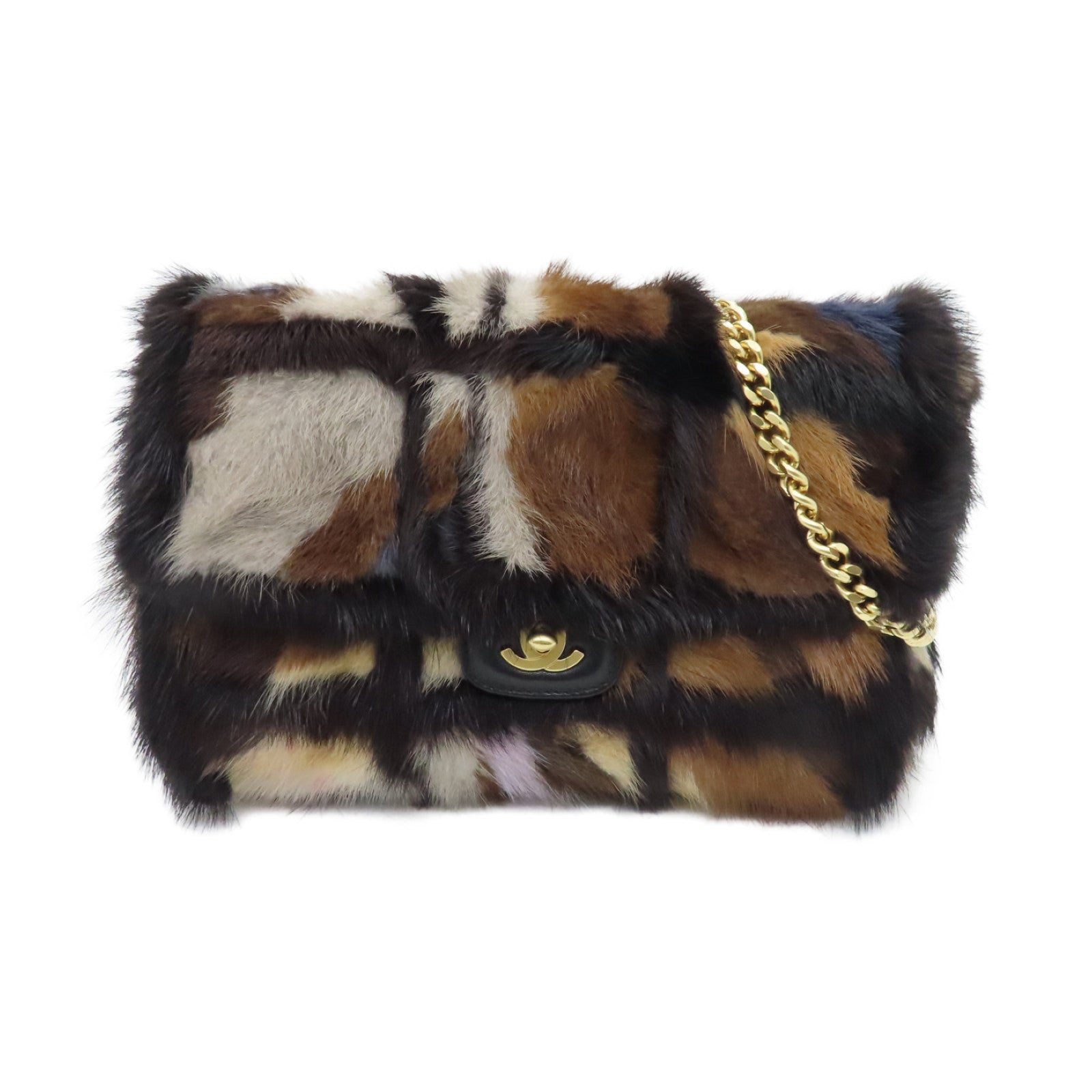CHANEL 毛茸Chain Shoulder Bag金扣鏈帶肩背袋啡色