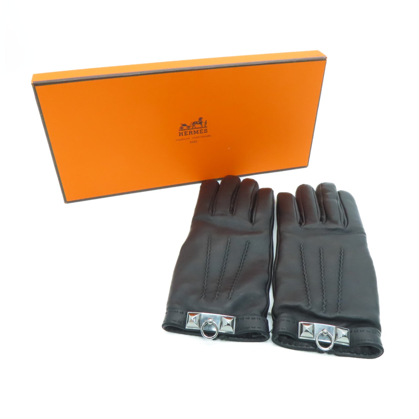 HERMES Sheepskin Leather Gloves Black